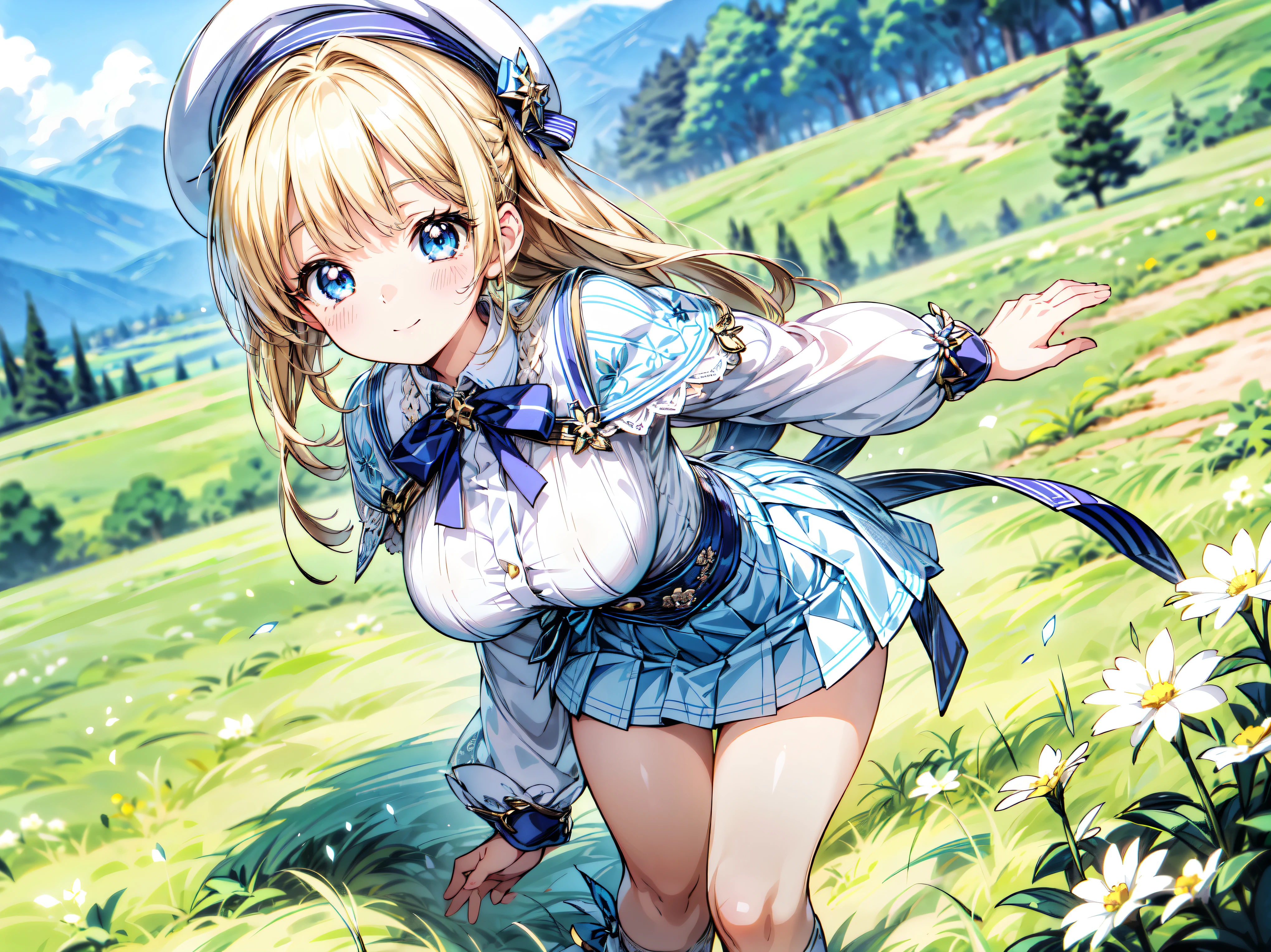 ((Ultra HD)), ((Super detailed)), ((Best Quality)), Blonde, ((Asymmetrical bangs)), KAWAII, happy smile, Big Breasts, breasts focus, Beret, Pleated mini skirt with lace, White Wizard, looking at viewer, from above, leaning forward, on grassland, (((Complete Hand))), ((depth of field, blurred background)), (anime moe art style:1.3),