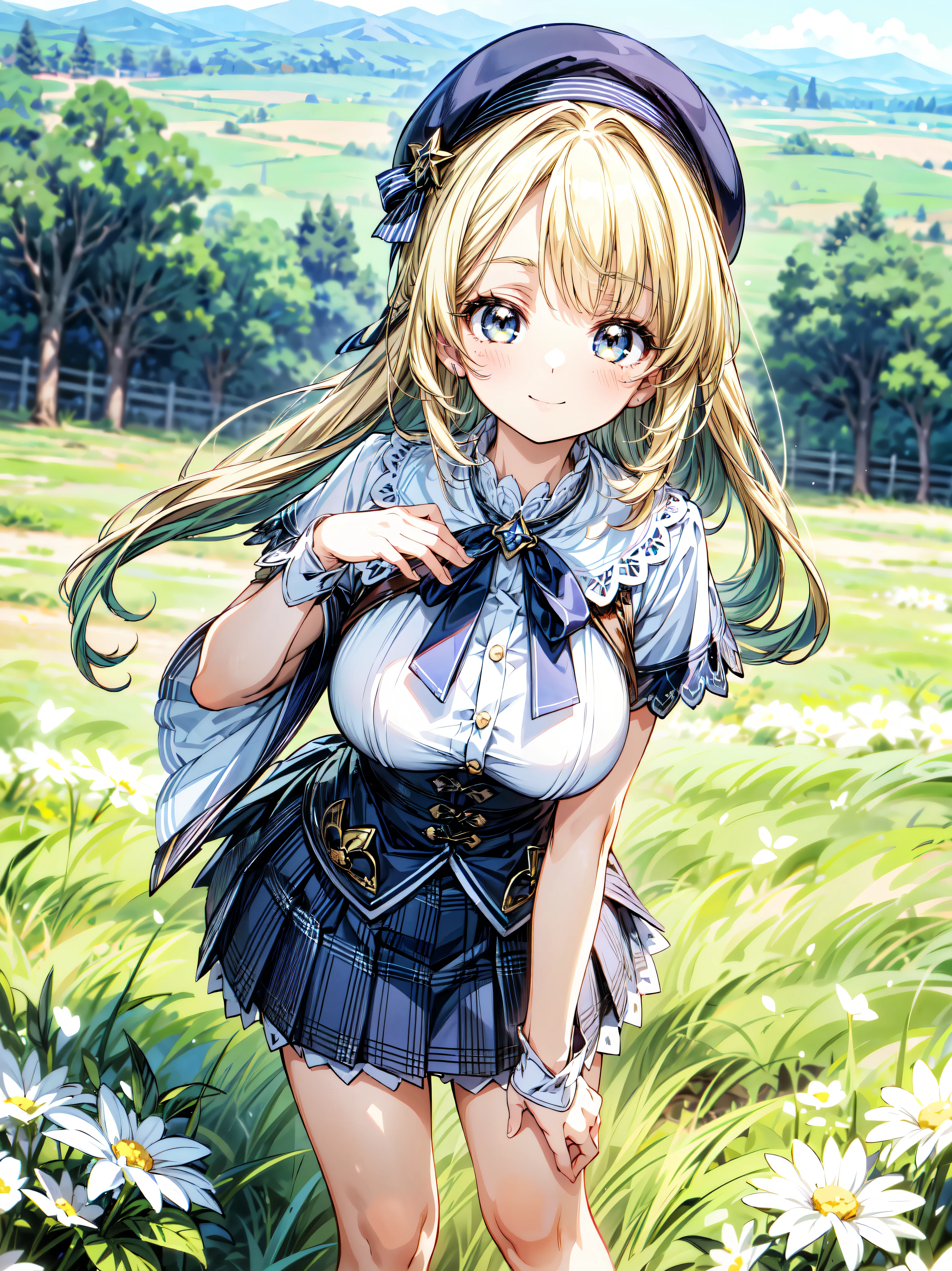 ((Ultra HD)), ((Super detailed)), ((Best Quality)), Blonde, ((Asymmetrical bangs)), KAWAII, happy smile, Big Breasts, breasts focus, Beret, Pleated mini skirt with lace, White Wizard, looking at viewer, from above, leaning forward, on grassland, (((Complete Hand))), ((depth of field, blurred background)), (anime moe art style:1.3),