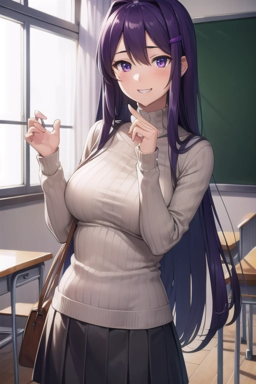 ddlcyuri, ddlcyuri, hair ornament, hairclip, long hair, (purple eyes:1.1), purple hair, grin, smile, hair over eyes,
BREAK casual clothes, grey sweater, miniskirt, pants, ribbed sweater, skirt, sweater, turtleneck, turtleneck sweater,
BREAK looking at viewer,
BREAK indoors, classroom,
BREAK (masterpiece:1.2), best quality, high resolution, unity 8k wallpaper, (illustration:0.8), (beautiful detailed eyes:1.6), extremely detailed face, perfect lighting, extremely detailed CG, (perfect hands, perfect anatomy),