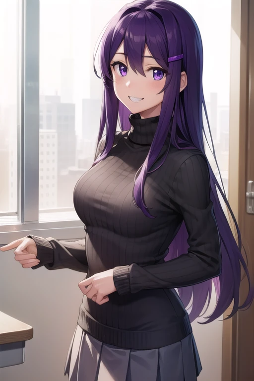 ddlcyuri, ddlcyuri, hair ornament, hairclip, long hair, (purple eyes:1.1), purple hair, grin, smile, hair over eyes,
BREAK casual clothes, grey sweater, miniskirt, pants, ribbed sweater, skirt, sweater, turtleneck, turtleneck sweater,
BREAK looking at viewer,
BREAK indoors, classroom,
BREAK (masterpiece:1.2), best quality, high resolution, unity 8k wallpaper, (illustration:0.8), (beautiful detailed eyes:1.6), extremely detailed face, perfect lighting, extremely detailed CG, (perfect hands, perfect anatomy),