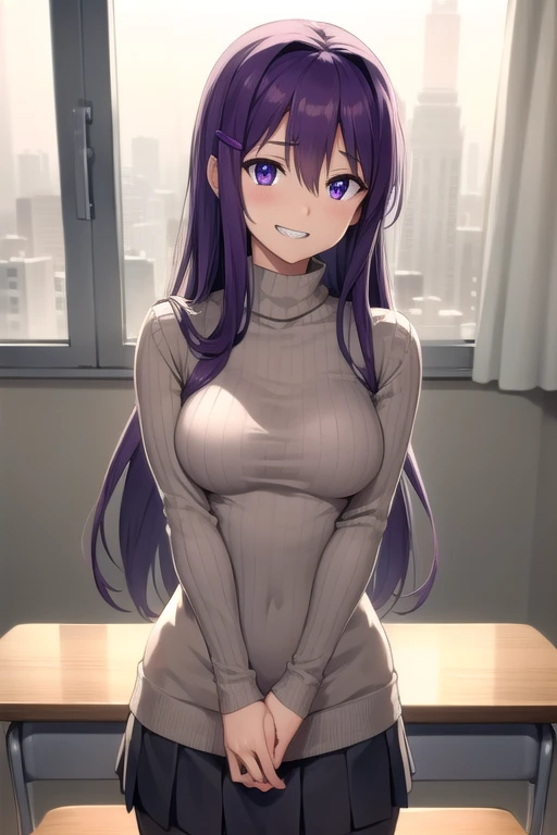 ddlcyuri, ddlcyuri, hair ornament, hairclip, long hair, (purple eyes:1.1), purple hair, grin, smile, hair over eyes,
BREAK casual clothes, grey sweater, miniskirt, pants, ribbed sweater, skirt, sweater, turtleneck, turtleneck sweater,
BREAK looking at viewer,
BREAK indoors, classroom,
BREAK (masterpiece:1.2), best quality, high resolution, unity 8k wallpaper, (illustration:0.8), (beautiful detailed eyes:1.6), extremely detailed face, perfect lighting, extremely detailed CG, (perfect hands, perfect anatomy),