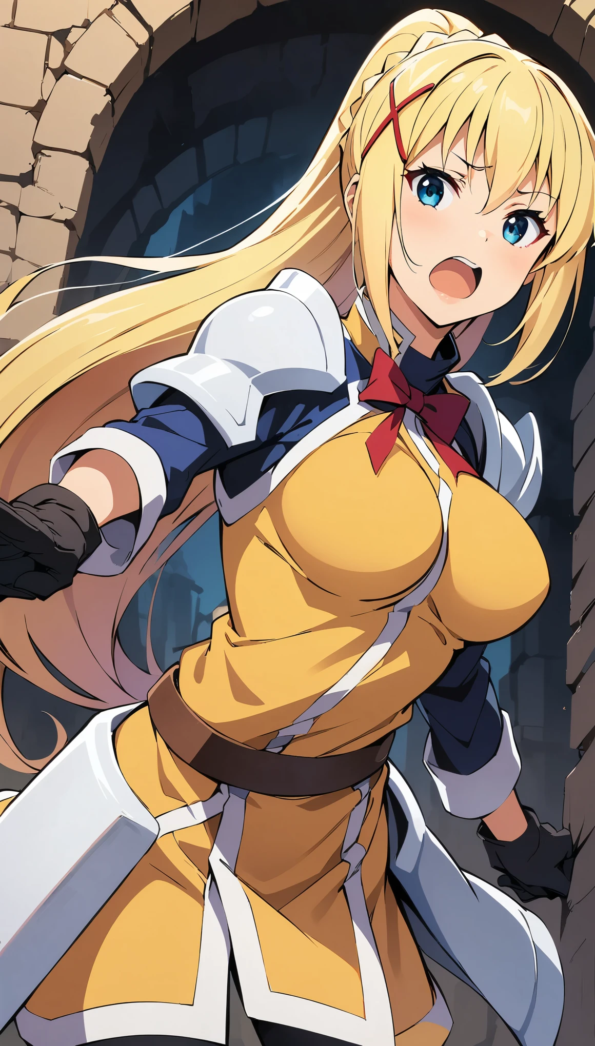 (Best Quality:1.2, Anime artwork, Anime Style, Very detailed, up to date, Vibrant, Digital Coloring, High Contrast, masterpiece:1.2, Best Quality, Best aesthetics), (((KonoSuba, KS Darkness, 1 female:1.2))), ((blonde, ponytail, x Hair accessories, White Armor, shoulder 鎧, Bodysuits, Black gloves, Yellow Dress)), Grim face, Open your mouth, ((Combat Action, Random Pause)), Hold the sword with both hands, Cowboy Shot, Dungeon Background.