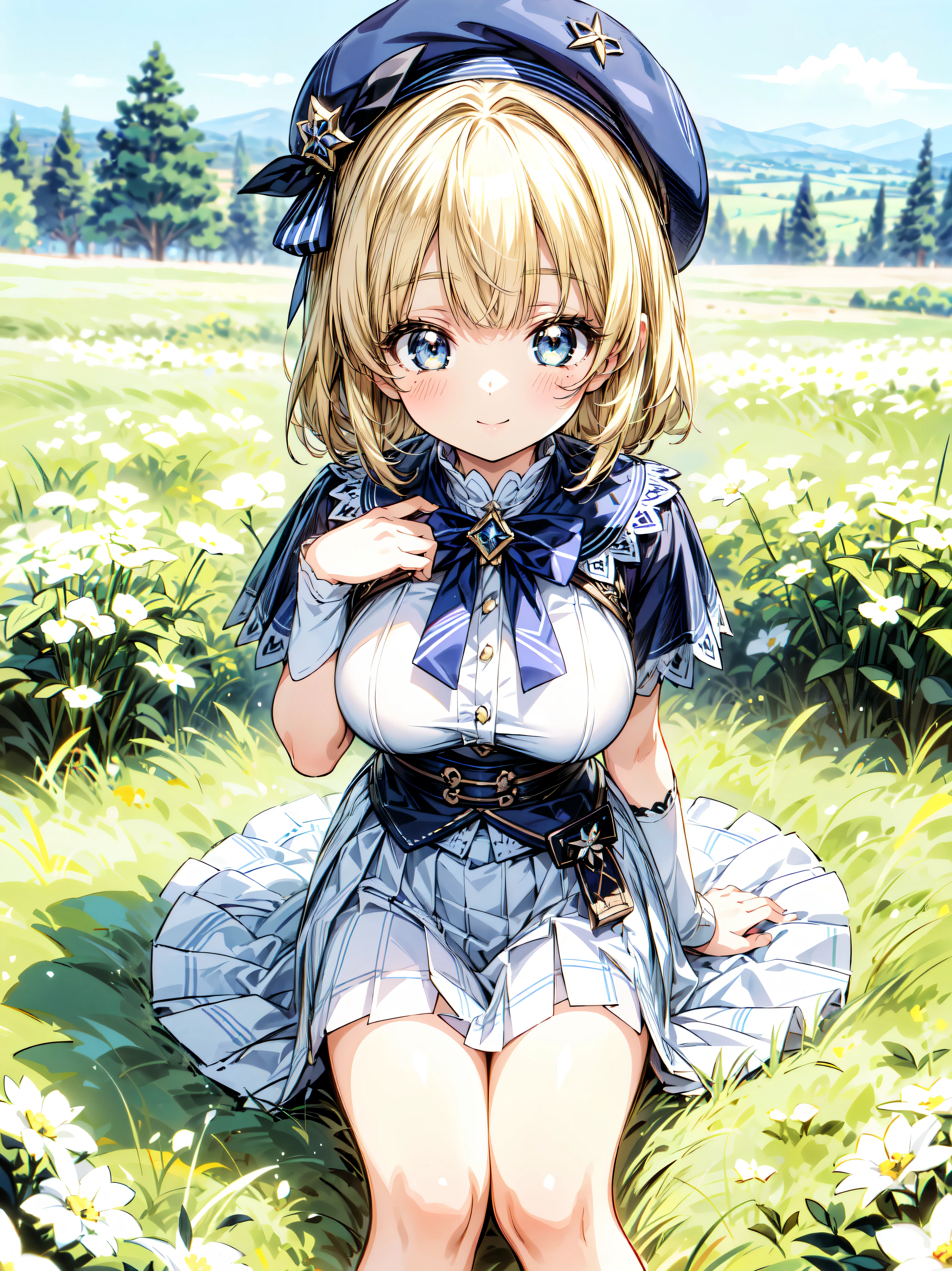 ((Ultra HD)), ((Super detailed)), ((Best Quality)), Blonde, ((Asymmetrical bangs)), KAWAII, happy smile, Big Breasts, breasts focus, Beret, Pleated mini skirt with lace, White Wizard, looking at viewer, from above, leaning forward, on grassland, (((Complete Hand))), ((depth of field, blurred background)), (anime moe art style:1.3),