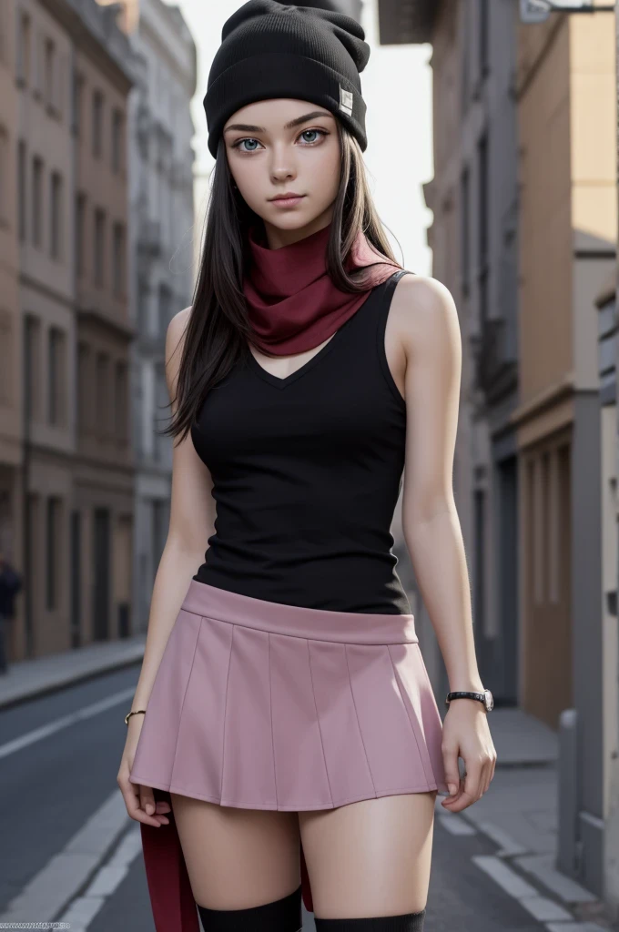 pokemondawn, pokemon dawn, black hair, blue eyes, sidelocks, long hair, (small breasts:1.2),
BREAK bare shoulders, beanie, black shirt, black socks, bracelet, hat, jewelry, kneehighs, miniskirt, pink skirt, red scarf, scarf, shirt, skirt, sleeveless, sleeveless shirt, white headwear,
BREAK looking at viewer, (full body:1.2), upper body,
BREAK outdoors, city, sky,
BREAK (masterpiece:1.2), best quality, high resolution, unity 8k wallpaper, (illustration:0.8), (beautiful detailed eyes:1.6), extremely detailed face, perfect lighting, extremely detailed CG, (perfect hands, perfect anatomy),