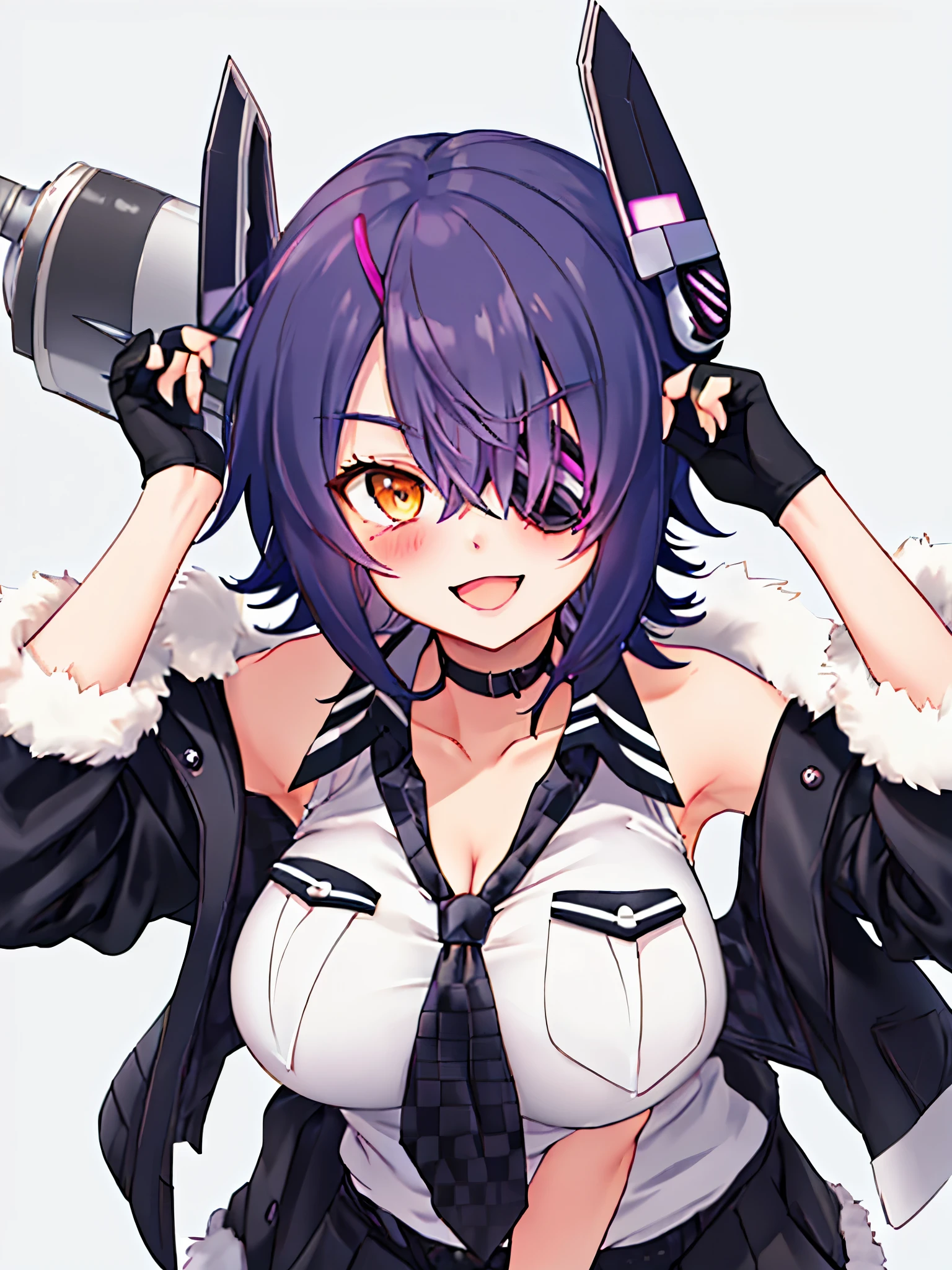 masterpiece, best quality, integrated scenery, integrated background, extremely delicate and beautiful, meticulous details, good composition, , cute face, perfect face,best quality, solo, {tenryuu_kantaicollection:1.15}, teen_girl, eyepatch, short_hair, purple_hair, yellow_eyes, headgear, breasts, necktie, big_breasts, smile, 1girl, blush, checkered_necktie, hair_over_one_eye, shirt, portrait, white_shirt, jacket, sleeveless, fur-trimmed_jacket, fur_trim, collarbone, looking_at_viewer, pocket, breast_pocket, messy_hair,harbor_landscape_background,outdoor,cleavage,solo,XD,open_mouth,