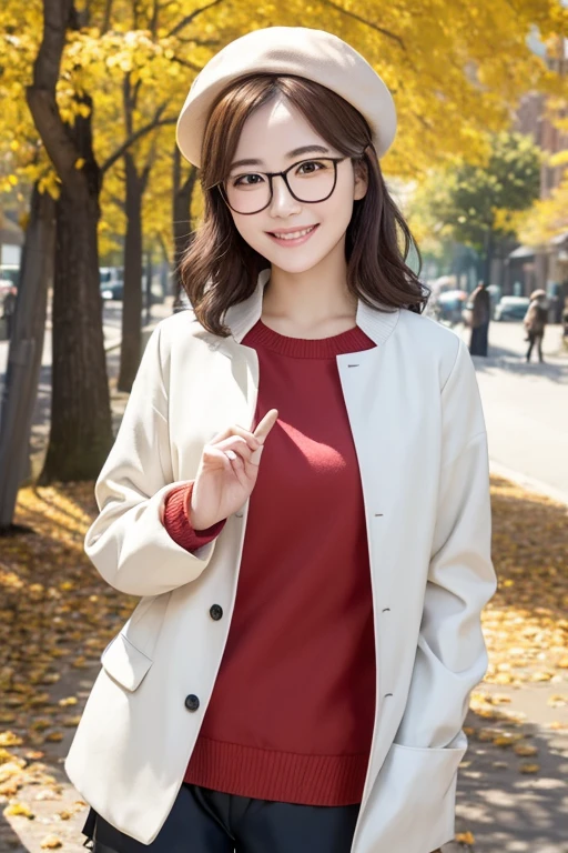 Best Quality、masterpiece、High sensitivity、High resolution、Detailed Description、Delicate facial depiction、Slender woman、Glasses、Smiling face、Autumn outfit、Shorts、jacket、Beret、Autumn leaves park、stroll、