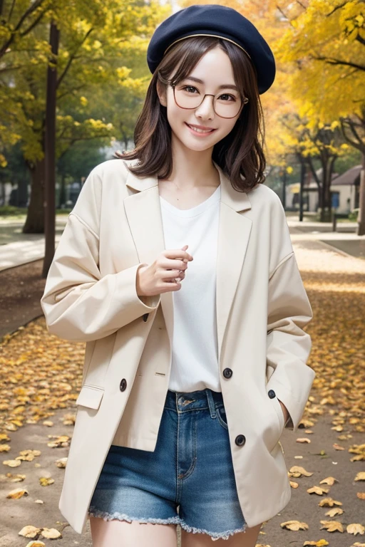 Best Quality、masterpiece、High sensitivity、High resolution、Detailed Description、Delicate facial depiction、Slender woman、Glasses、Smiling face、Autumn outfit、Shorts、jacket、Beret、Autumn leaves park、stroll、