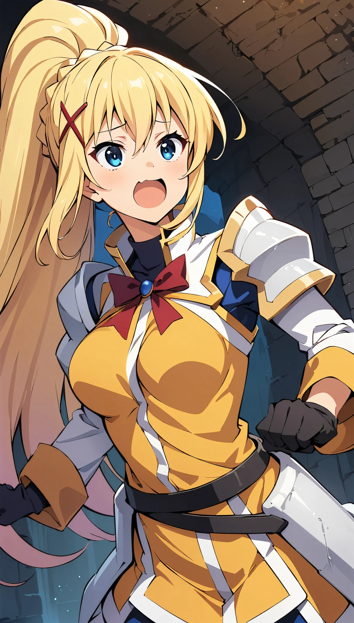 (Best Quality:1.2, Anime artwork, Anime Style, Very detailed, up to date, Vibrant, Digital Coloring, High Contrast, masterpiece:1.2, Best Quality, Best aesthetics), (((KonoSuba, KS Darkness, 1 female:1.2))), ((blonde, ponytail, x Hair accessories, White Armor, shoulder 鎧, Bodysuits, Black gloves, Yellow Dress)), Grim face, Open your mouth, ((Combat Action, Random Pause)), Hold the sword with both hands, Cowboy Shot, Dungeon Background.