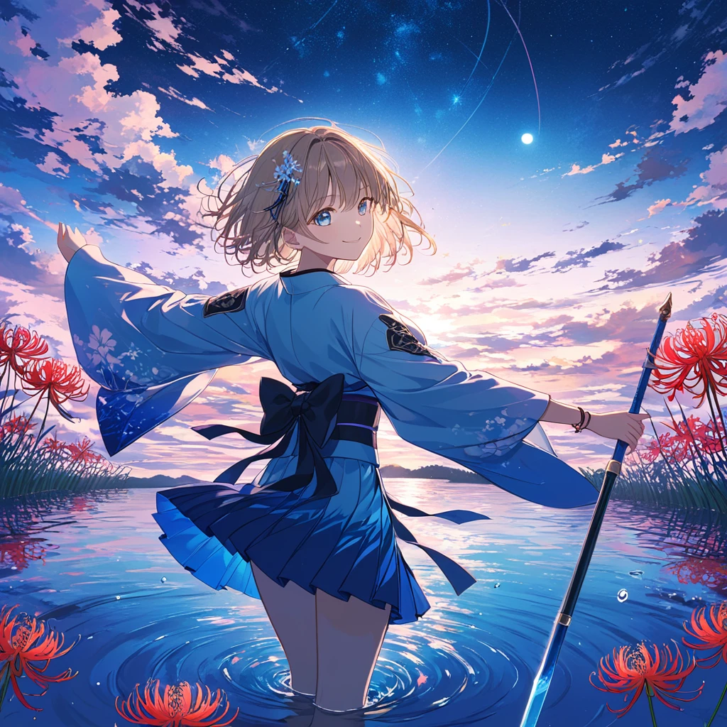 One woman,Standing on the water,Red spider lilies floating on the water,Blue spider lily,Neon Colors,While turning around,Dance,With a spear,pastel,smile,happiness,blue eyes,Beige Hair,Short Hair,Wearing a kimono with the night sky as the background,Strong shine,Backlit masterpiece,Best Quality,Exquisite,8k,Absurd,Ultra-detailed illustration｝last,(Observe the audience)