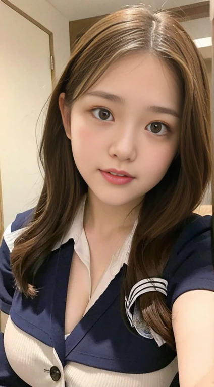 ((Night view.), realistic light, best qualit, Masterpiece:1.3)), 1girle, Beautiful woman with a slim figure: 1.4, (brown hair, Huge breasts: 1.4), Floor, Super detailed face, Detailed eyes, Double eyelidd, Asian woman posing for photo pink dress and white shirt, Japanese school uniform for girls, korean girl, japanese school uniform, Loose jacket collar sailor uniform, sakimichan, Amazing student uniforms, White fashion clothing, ulzzang, wearing japanese school uniform, Stylish white tights set, cute kawaii girl, Korean female fashion model, moaning, Bloom!, 8k --auto --s2