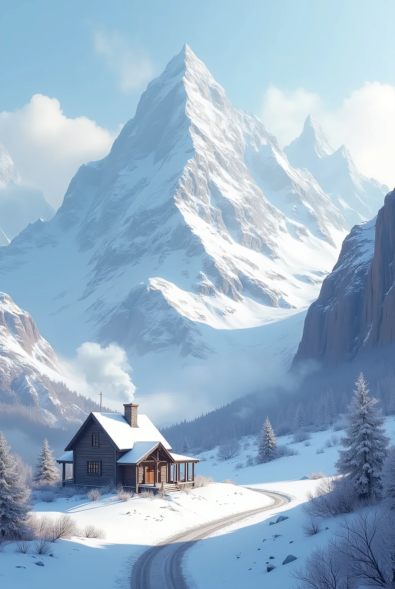 Snowy mountain scene with a cabin and a road in the foreground - SeaArt AI