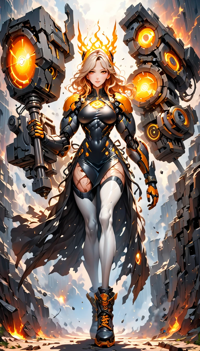 (sfw), (wide angle), 1woman, goddess of the forge, Hephaestus, ((blacksmith woman)), middle-aged woman in her 40s, toned muscle physique, ((medium length wavy with crimson roots fading to black tips)), burn scars on chest and arms, (wearing leather apron, apron with glowing symbols), (tight black button up shirt) , (wearing skin tight white leggings), (wearing flat heeled black work boots), ((swings a huge smithy hammer in one hand, over her head)), smith's hammer is glowing green, she stands at an angelic anvil, (set inside a massive robotic factory:1.37), ((high resolution)), intricately detailed facial features, detailed piercing eyes, refined jawline, masterpiece, 8k, ((hyper realistic)), 3/4 profile view, cinematic lighting, dramatic shadows, warm color tones, intricate details, hyper-detailed, battle hammer, hyperkraximalism, spl1th41r, two tone hair,