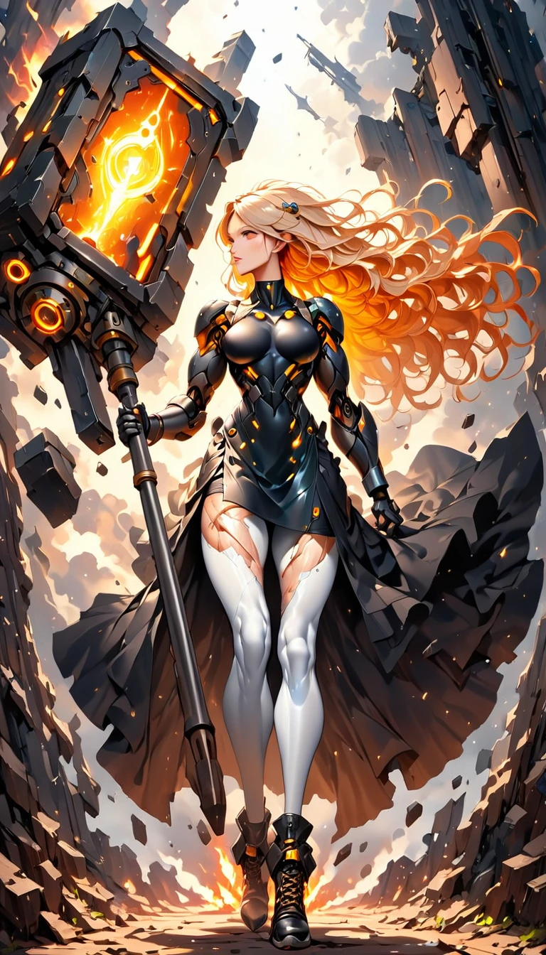 (sfw), (wide angle), 1woman, goddess of the forge, Hephaestus, ((blacksmith woman)), middle-aged woman in her 40s, toned muscle physique, ((medium length wavy with crimson roots fading to black tips)), burn scars on chest and arms, (wearing leather apron, apron with glowing symbols), (tight black button up shirt) , (wearing skin tight white leggings), (wearing flat heeled black work boots), ((swings a huge smithy hammer in one hand, over her head)), smith's hammer is glowing green, she stands at an angelic anvil, (set inside a massive robotic factory:1.37), ((high resolution)), intricately detailed facial features, detailed piercing eyes, refined jawline, masterpiece, 8k, ((hyper realistic)), 3/4 profile view, cinematic lighting, dramatic shadows, warm color tones, intricate details, hyper-detailed, battle hammer, hyperkraximalism, spl1th41r, two tone hair,