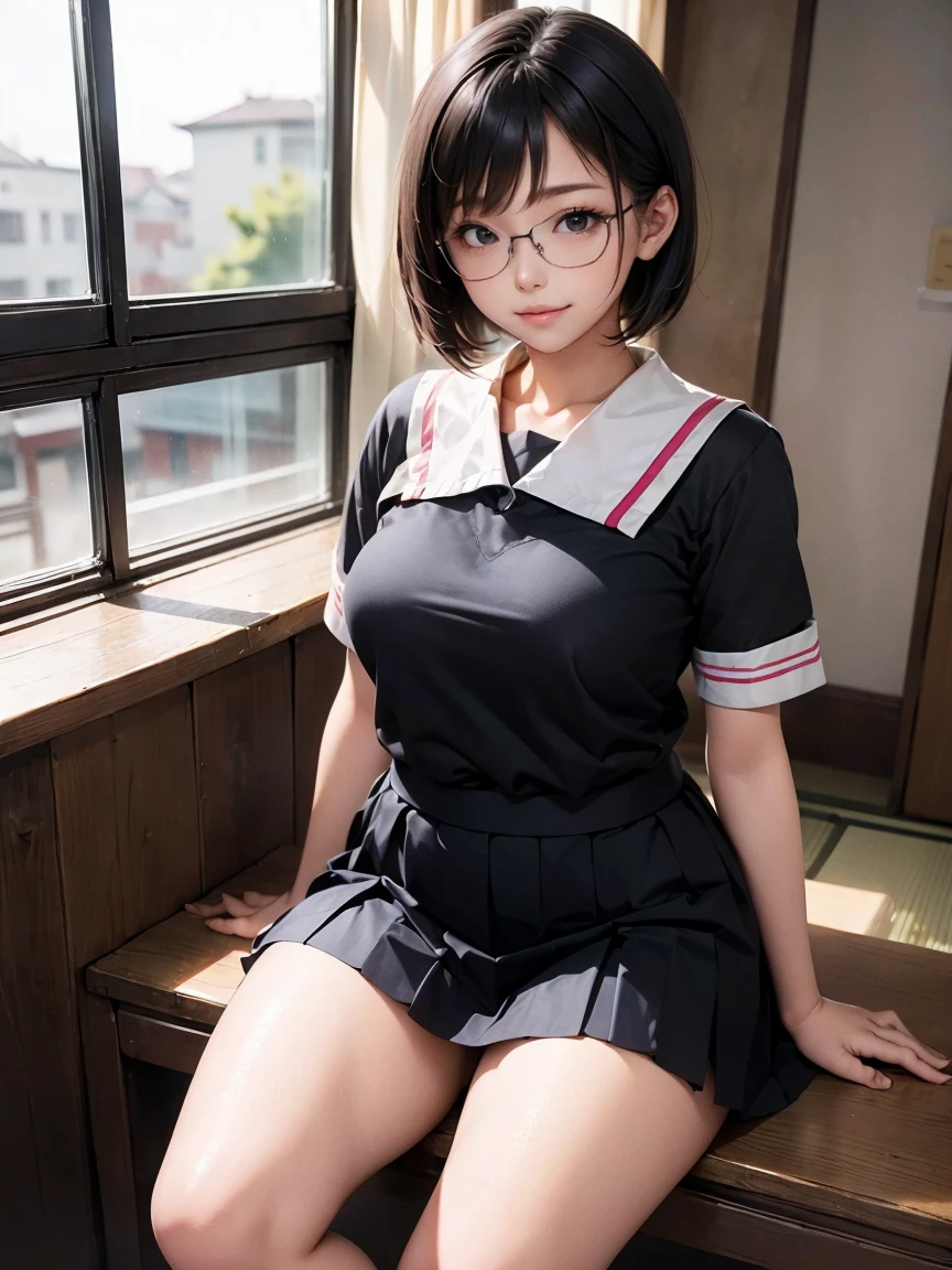 (Loli.he is short.Height: 140cm.sharp eyes.black hair.very short hair.skin is shiny.slender.small breasts.beautiful areola).(school uniform.open the front).(late night.sitting on the bench.prostitute.blushing cheeks)perfect face.There is a sense of dynamism.The whole body is shown