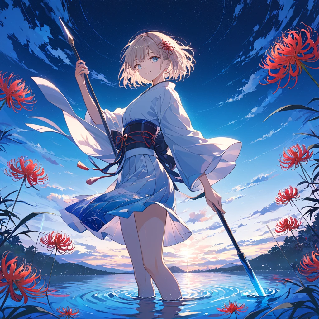 One woman,Woman stands on the water,Red spider lilies floating on the water,Blue spider lily,Neon Colors,While turning around,Dance,With a spear,pastel,smile,happiness,blue eyes,Beige Hair,Short Hair,Wearing a kimono with the night sky as the background,Strong shine,Backlit masterpiece,Best Quality,Exquisite,8k,Absurd,Ultra-detailed illustration｝last,(Observe the audience)