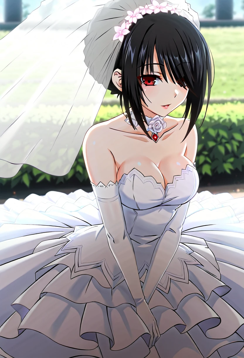tokisaki kurumi,((masterpiece)),(((best quality))),((ultra-detailed)),((illustration)),((disheveled hair)),((frills)),(masterpiece:1.3, top-quality, ultra high res, ultra detailed), (realistic, photorealistic:1.4), beautiful illustration, (natural side lighting, movie lighting), depth of fields, looking at viewer, bust photo, 1 girl, perfect face, (perfect anatomy), cute and symmetrical face, baby face, shiny skin, slender, (long hair:1.8), hair over one eye, purple eyes, pink lips, long eye lasher, (large breasts:1.3), beautiful hair, beautiful face, beautiful detailed eyes, beautiful clavicle, beautiful body, beautiful chest, beautiful thigh, beautiful legs, beautiful fingers, big breasts, detailed cloth texture, wedding princess dress, head flower, headdress, (bandeau wedding dress:1.5), (silk dress:1.2), (strapless wedding dress:1.5), plain white dress, necklace, earring, cleavage, bouquet, (lace gloves:1.2), (bridal veil:1.2), (short transparent veil:1.2), (beautiful scenery), evening, crystal clear sunlight, (church, stained glass) walking,backless outfit,back focus,from behind,
red eyes with highlights,black long hair(delicate eyes),hair over one eye,Simple background, Blurred Background, Glossy background

