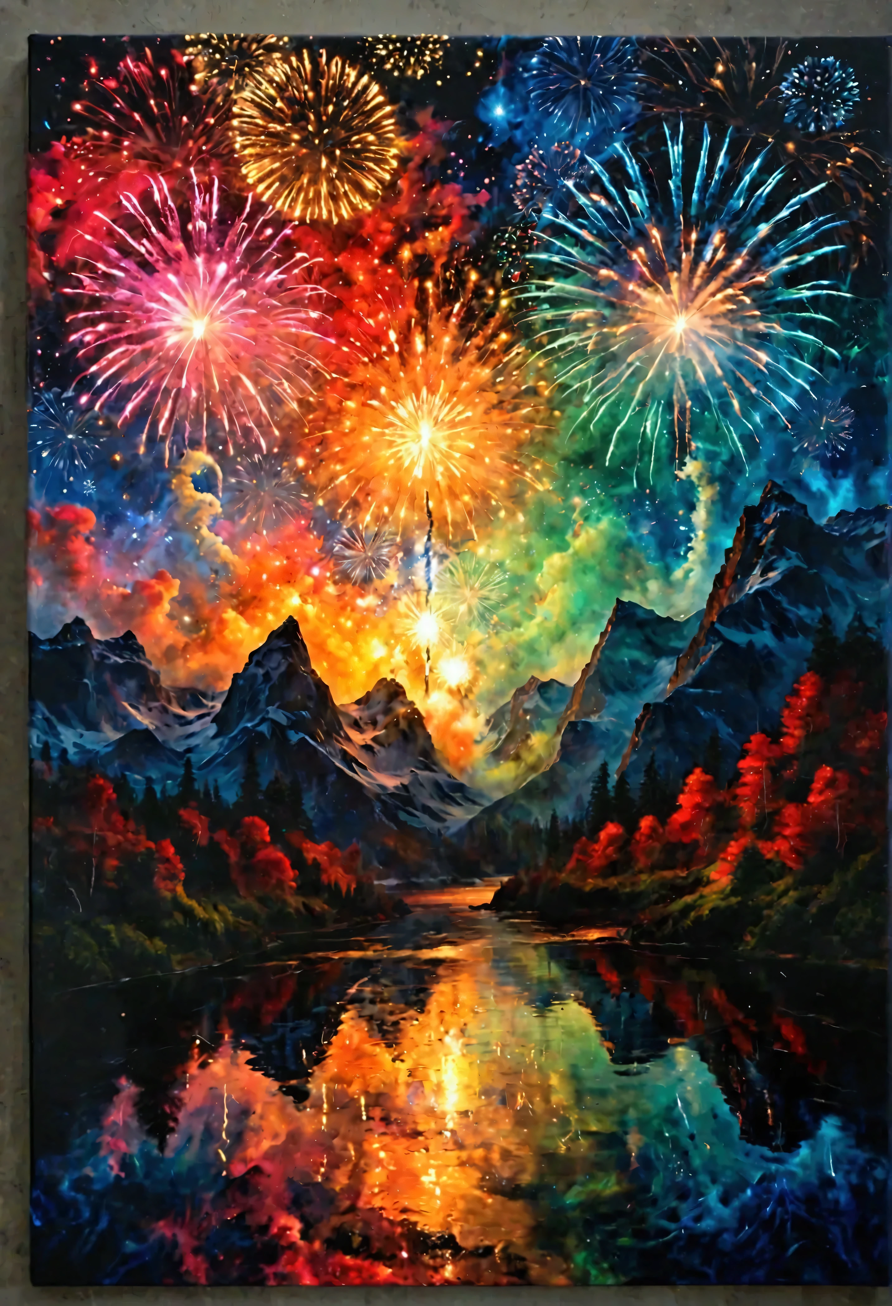 Imagine a celestial spectacle where fireworks burst into life in a synchronous dance of colors and lights. Vibrant hues of red, blue, green, and gold explode in every direction, leaving spirals, swirls, and starbursts in their wake. The scene is a dynamic interplay of motion, as trails of radiant sparks paint the night sky in a vivid symphony. Each firework ignites with a unique pattern; some cascading like a waterfall, others snapping and crackling in a staccato rhythm. The background is a deep, cosmic black, providing the perfect canvas for these ephemeral bursts of color to shine. Depict the scene with an abstract and painterly style, capturing the chaotic energy and fleeting beauty of the moment. The focus is on movement and transition, as if the viewer is witnessing a moment frozen in time, where every component is in constant motion, embodying the raw energy and grandeur of a fireworks display.