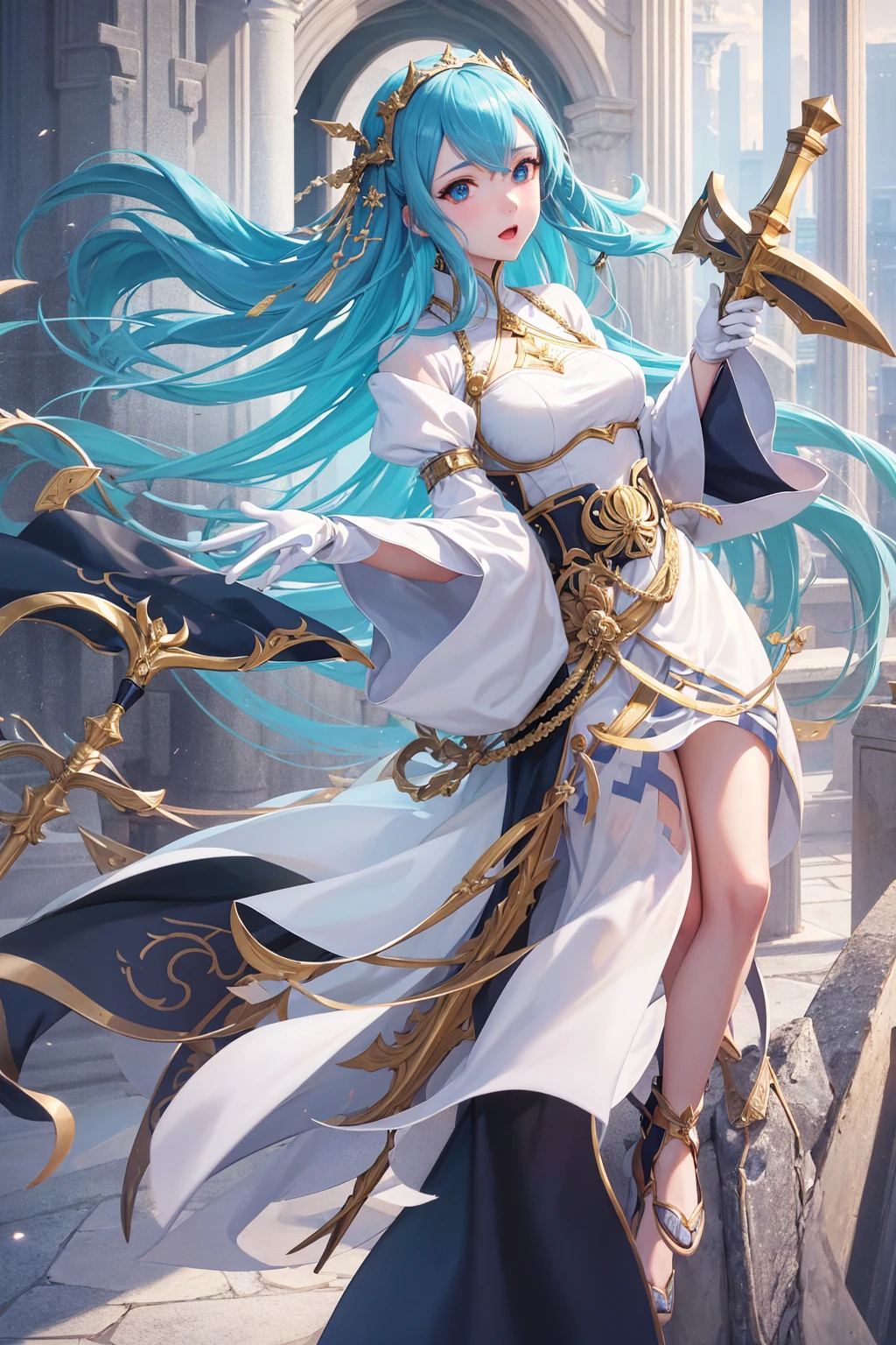 1girl, highres, masterpiece, solo, anime, absurdres, detailed face, perfect eyes, azura (fire emblem), upper body, full body, white dress, jewelry, white gloves, cityscape, holding, staff, singing