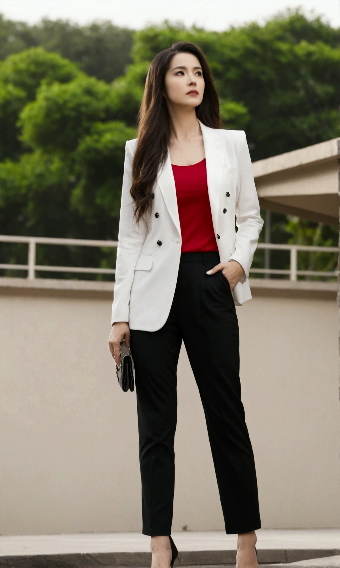 White blazer suit　Red Tank Top　Cute woman with long hair　Black pumps　Looking into the distance