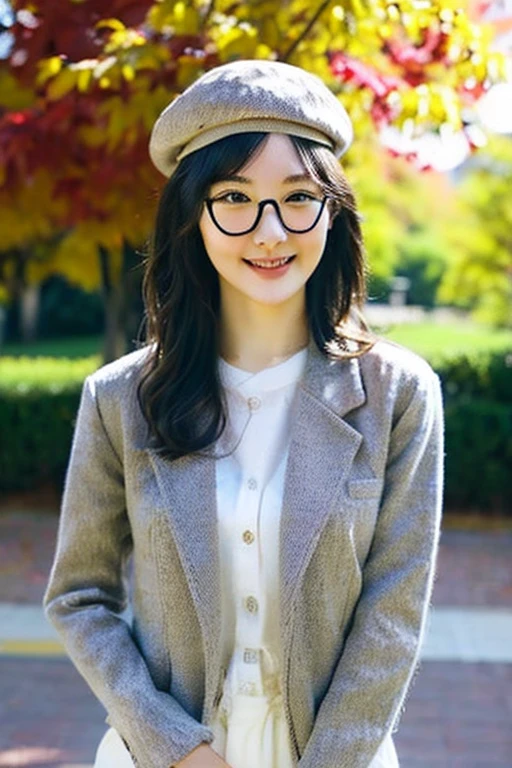 Best Quality、masterpiece、High sensitivity、High resolution、Detailed Description、Delicate facial depiction、Slender woman、Glasses、Smiling face、Autumn outfit、Shorts、jacket、Beret、Autumn leaves park、stroll、