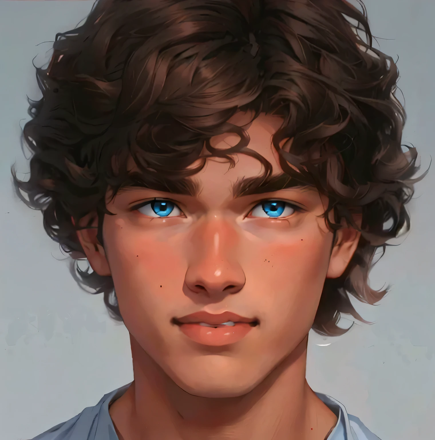 a  boy, light baby  eyes, curly brown hair, big red full mouth, tanned skin, cute, thin face