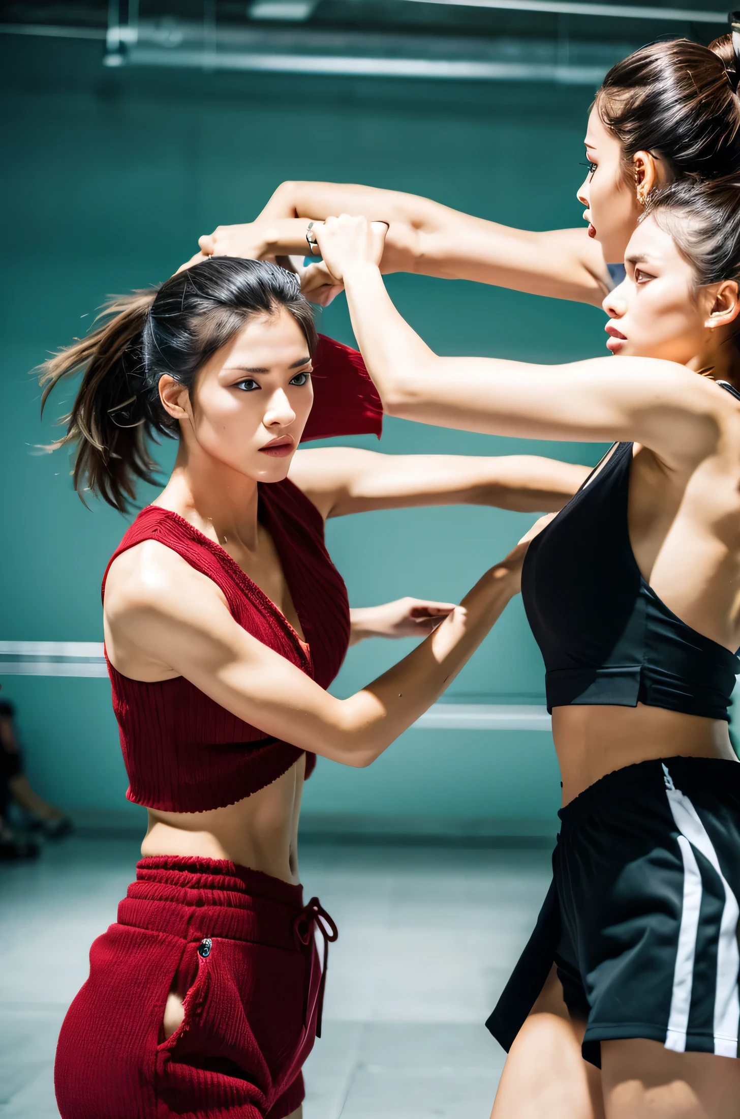 Boxing Match, ((masterpiece, highest quality, Highest image quality, High resolution, photorealistic, Raw photo, 8K)), ((Extremely detailed CG unified 8k wallpaper)), (huge stunning goddess shot, very hot and sexy, jaw-dropping beauty, perfect proportions, beautiful body, slim body beauty:1.4), Female boxers, two athletes beating each other in the ring, wearing sports bras, trunks, boxing gloves and boots, sweat splattered, Sweat running, wet body, intense fighting, (View from below), SFW,