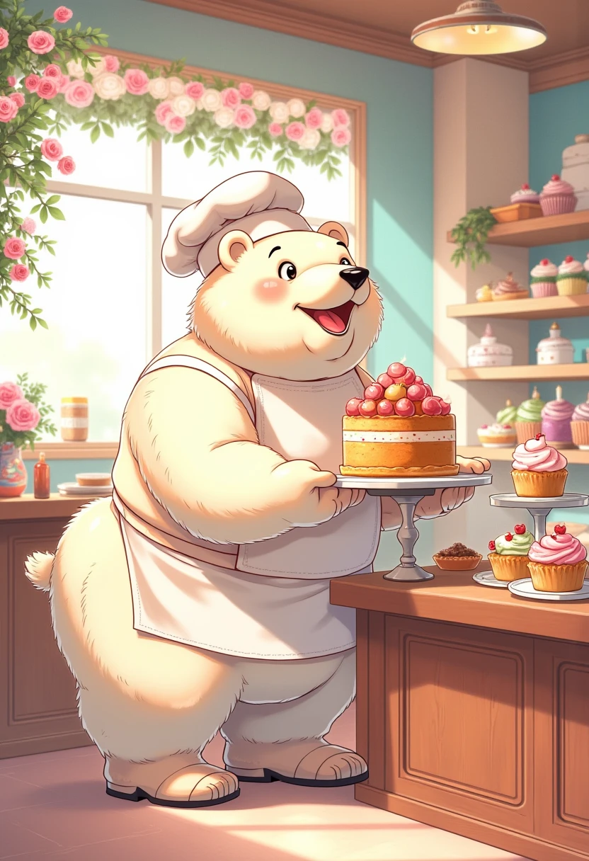 pastry chef, a plump middle-aged polar bear man, happy, little smile, chef's hat, costume, boots, cook a cake, a beautiful pastel-colored patisserie, intricate and delicate cakes, delicate floral decorations, perfectly arranged dessert display, assorted fruits, sugar flowers, macarons, cupcakes, tarts, sweet treats, dynamic pose, morning, patisserie, kitchen, indoor, france, detailed painting landscape, BREAK full body in Michelangelo Buonarroti style, digital illustration anime, character focus, full body, looking away, dynamic angle, niji6, niji5, BREAK complete anatomy, perfect proportions, beautiful thigh gap, fluffy body, intricate fur details, beautiful fur texture, BREAK detailed polar bear tail, detailed boots, detailed hands, 5fingers, 5fingers nails, BREAK aesthetic anime face, insanity detailed face, male face, big face, square jawline, aesthetic anime eyes, detailed brown eyes, detailed brown cornea, detailed dark brown irises, detailed pupils, male eyes, big eyes, male eyebrows, innocent look, beautiful beard, BREAK masterpiece, official art, best quality, very aesthetic, absurdres, super fine illustration, great quality, BREAK noise reduction, very highres, large filesize, high quality, 32K, 8k wallpaper, dynamic lighting, BREAK insanity detailed, ultra detailed, intricate details, extremely detailed, detailed texture, an extremely delicate and beautiful, full color, HDR, BREAK e621 uncut tag, Fur Affinity illustration, osukemo, kemohomo, anthropomorphic, furry, cartoon, harmonious eyes, pastoral face, virtuous body, sweet atmosphere