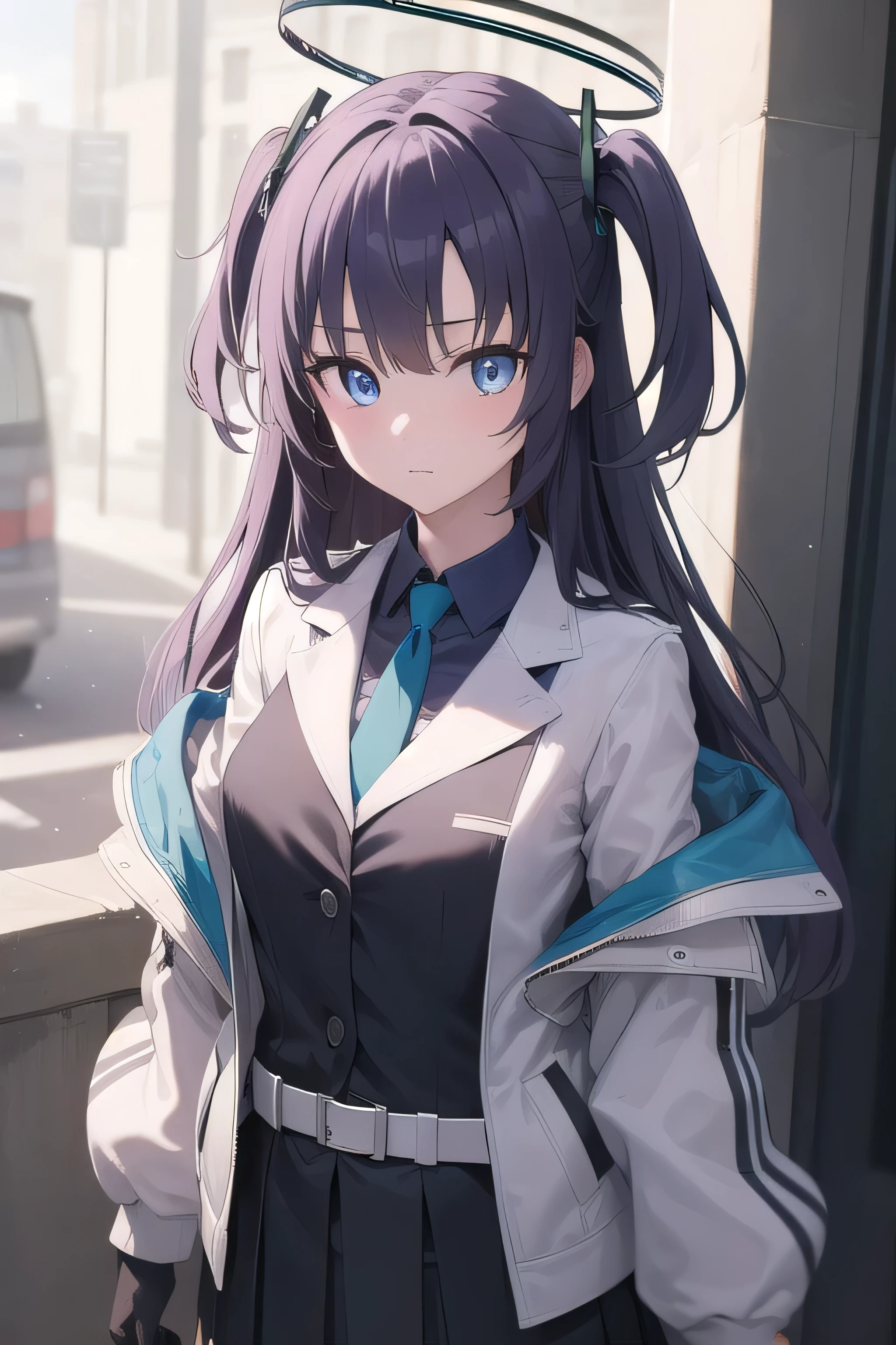 bluearchiveYuka, Yuka, blue eyes, halo, Purple Hair, two side up, Long Hair,
break belt, Black gloves, black jacket, black skirt, blue tie, gloves, halo, jacket, tie, Off the shoulder, skirt, Double-sided fabric, two-sided jacket, White Belt, (white jacket:1.5),
break looking at viewer, 
break outdoors,
break (masterpiece:1.2), Best Quality, High resolution, Unity 8K Wallpaper, (figure:0.8), (Beautiful detailed eyes:1.6), Highly detailed face, Perfect lighting, Extremely detailed CG, (Perfect hands, Perfect Anatomy),