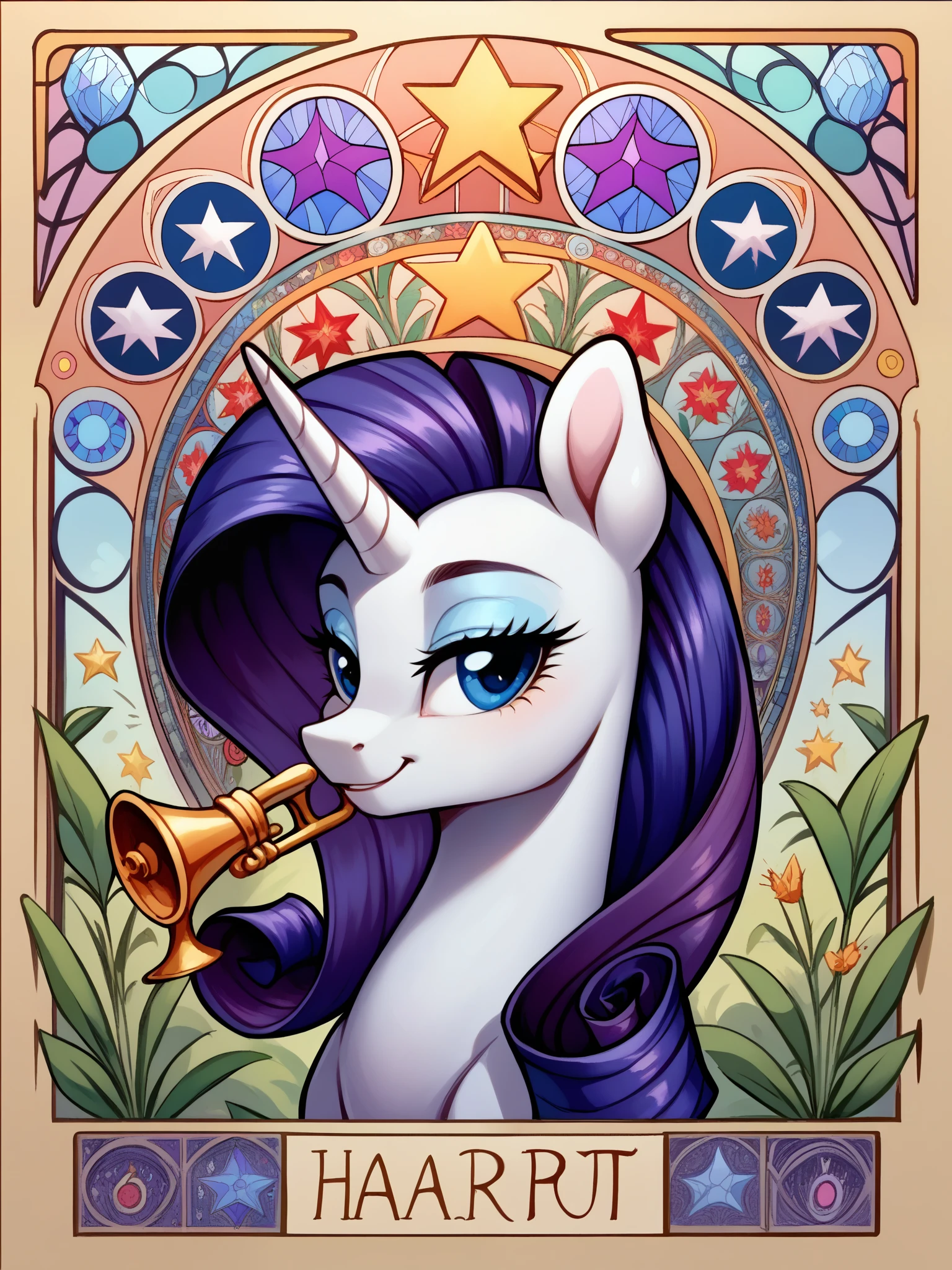 Fraction_9, Fraction_8_up, Fraction_7_up, source_pony, 1 Girl, Solitary, Great, Mature female, portrait, element,
Rarity, Purple fur, Alicorn, trumpet, Purple mane, Blue Eyes, Star, student, Excellent, Nightlife,
 Art Nouveau, Stained Glass, element, View audience, pride, Happy