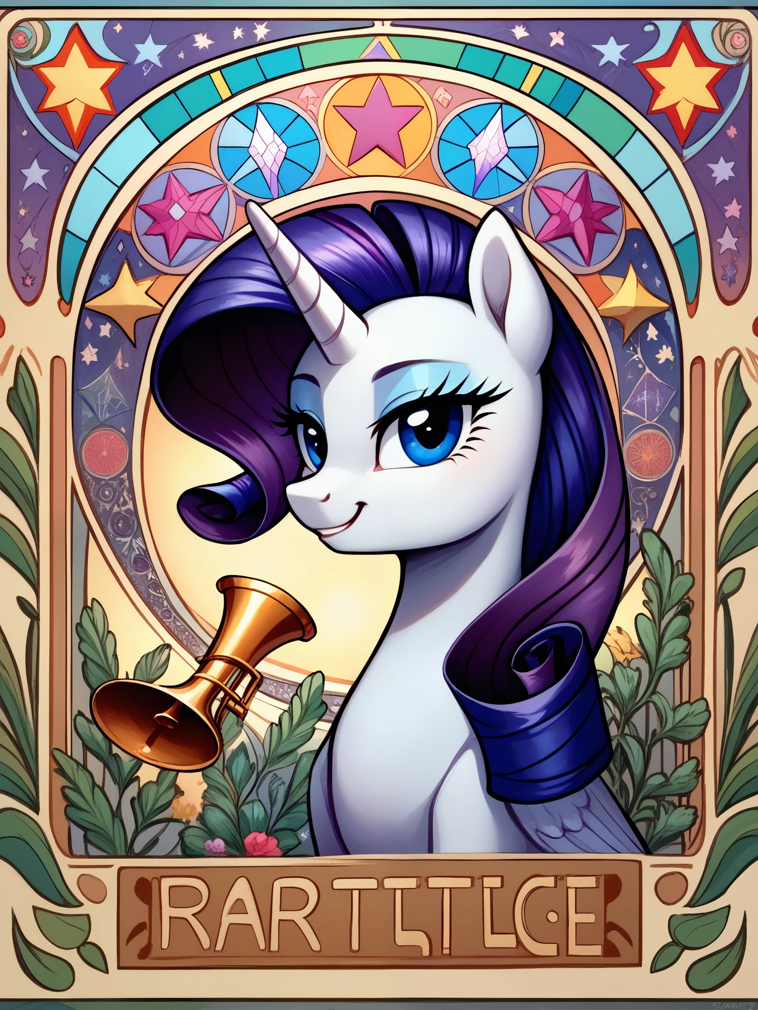 Fraction_9, Fraction_8_up, Fraction_7_up, source_pony, 1 Girl, Solitary, Great, Mature female, portrait, element,
Rarity, Purple fur, Alicorn, trumpet, Purple mane, Blue Eyes, Star, student, Excellent, Nightlife,
 Art Nouveau, Stained Glass, element, View audience, pride, Happy