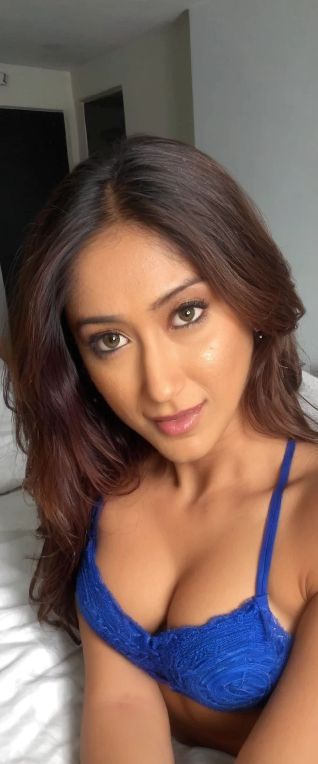 Top down view, ultrarealistic hires body close up photo of a 30-year-old ayesha jhulka woman, in bed, bedroom, realistic skin texture, looking looking at camera, free long hair, in bed, in bikini, realistic skin, in bed, cleavage and midriff, taking selfie, true camera pic, beautiful eyes, ((half body))