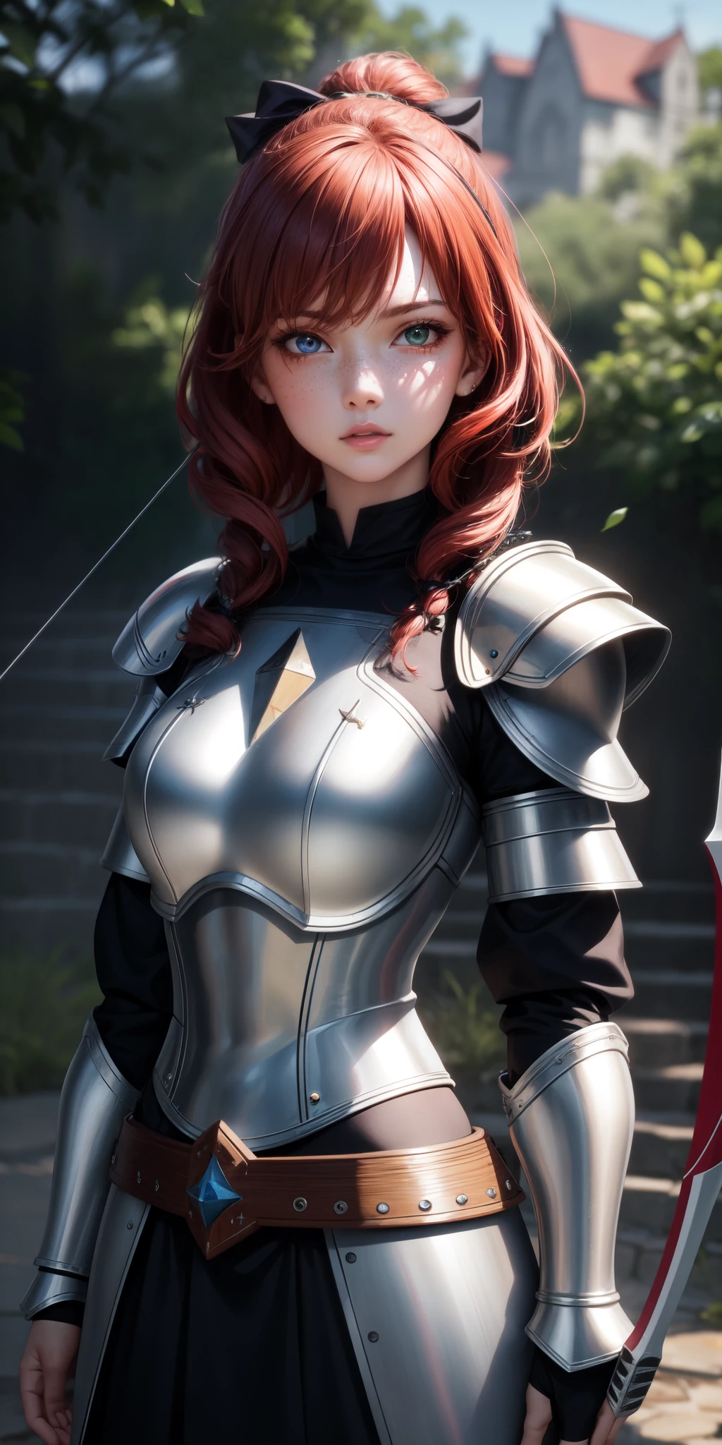 ((A red-haired warrior, from behind, wearing a skirt corta en su trasero, showing her butt, Shot from below, Use plate armor, Steel Gauntlets, steel gloves and steel cuirass, looking back, wearing a skirt)), very detailed skirt, (she doesn't wear underwear, skirt showing big stuffed, naughty, round ass, showing pussy, smooth showing pussy from below, (skirt up), wind lifting skirt, sexy possession), medieval fantasy, d&d, role playing game, Masterpiece, Best Quality, 8k, ultra realistic. The most desired girl in the world has transcendental beauty, with expressive eyes, light green eyes, arched eyebrows, sensual lips and radiant skin. His facial structure is symmetrically perfect., with delicately sculpted cheekbones and a refined chin.