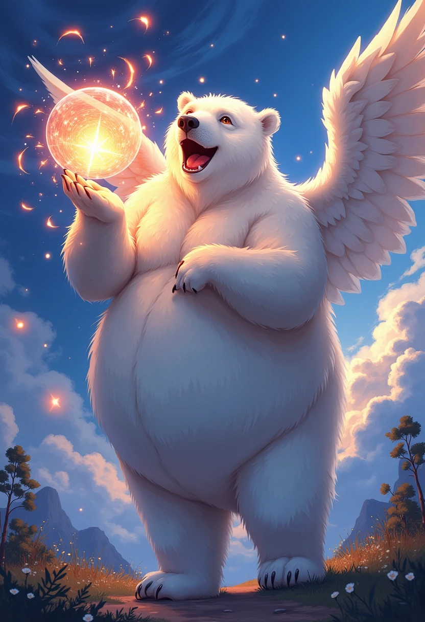 chibi, angel, a plump middle-aged polar bear man, angel wings, happy, light smile, rushing wind, hold with both hands quantum electromagnetic life form sacred sphere, spinning fly, cute pose, detailed painting landscape, twilight, kaleidoscopic swirls, outdoor, BREAK full body in Michelangelo Buonarroti style, digital illustration anime, character focus, full body, looking away, dynamic angle, niji6, niji5, BREAK complete anatomy, perfect proportions, beautiful thigh gap, fluffy body, intricate fur details, beautiful fur texture, BREAK detailed bear tail, detailed toe, 5toes, 5toes nails, beautiful foot, detailed hands, 5fingers, 5fingers nails, BREAK cute face, aesthetic anime face, insanity detailed face, male face, big face, square jawline, aesthetic anime eyes, detailed brown eyes, detailed brown cornea, detailed dark brown irises, detailed pupils, male eyes, big eyes, male eyebrows, innocent look, beautiful beard, BREAK masterpiece, official art, best quality, very aesthetic, absurdres, super fine illustration, great quality, BREAK noise reduction, very highres, large filesize, high quality, 32K, 8k wallpaper, dynamic lighting, BREAK insanity detailed, ultra detailed, intricate details, extremely detailed, detailed texture, an extremely delicate and beautiful, full color, HDR, BREAK e621, Fur Affinity illustration, osukemo, kemohomo, anthropomorphic, furry, cartoon, harmonious eyes, pastoral face, virtuous body, epic atmosphere 