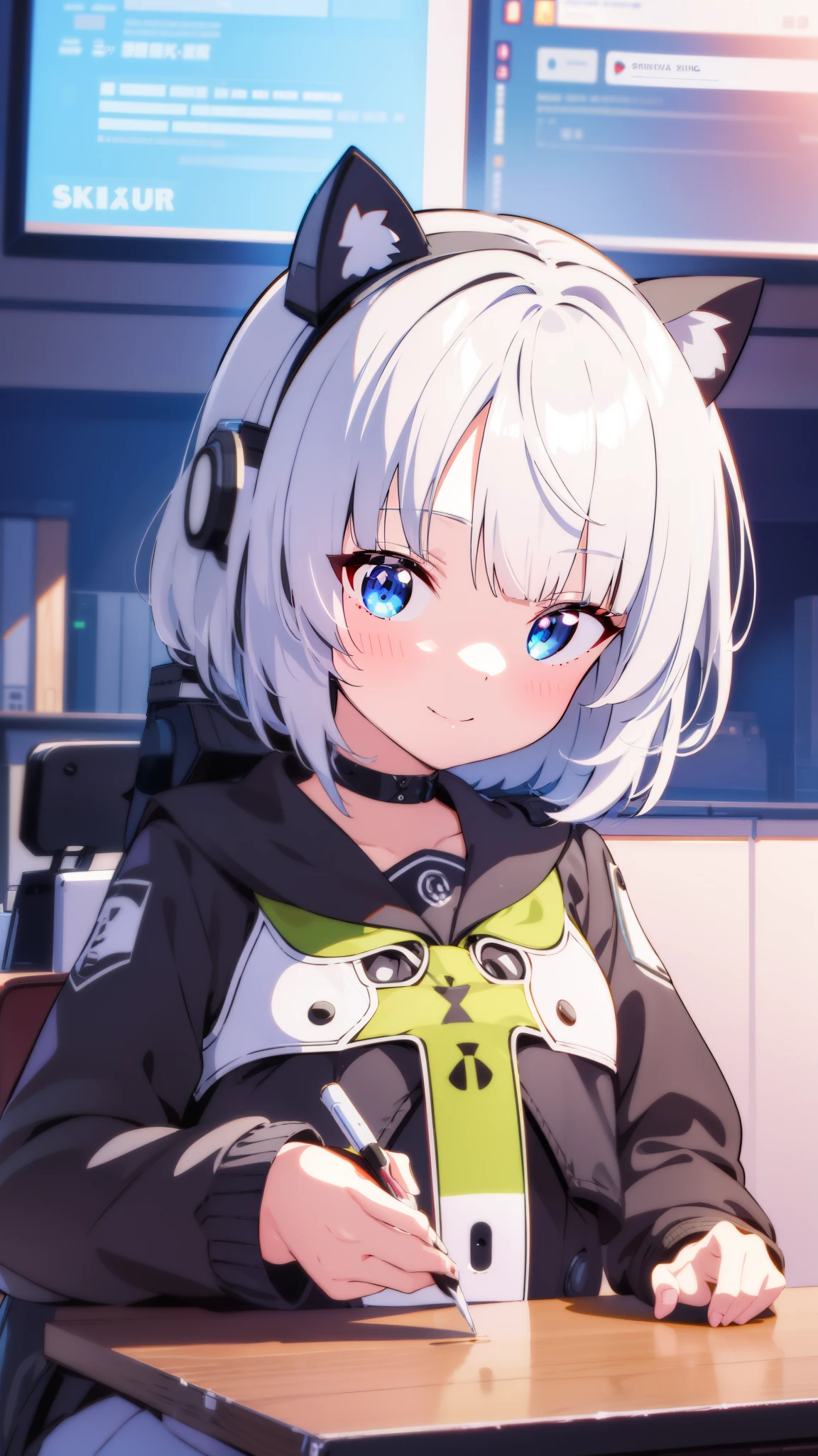 solo girl  rgb ray tracing gaming room les neon gaming pc gaming ray tracing vtuber nekomimi white hair blue eyes school uniform navy 1 girl, High resolution, long hair, blush, smile, perfect body anatomy perfect perfect hands