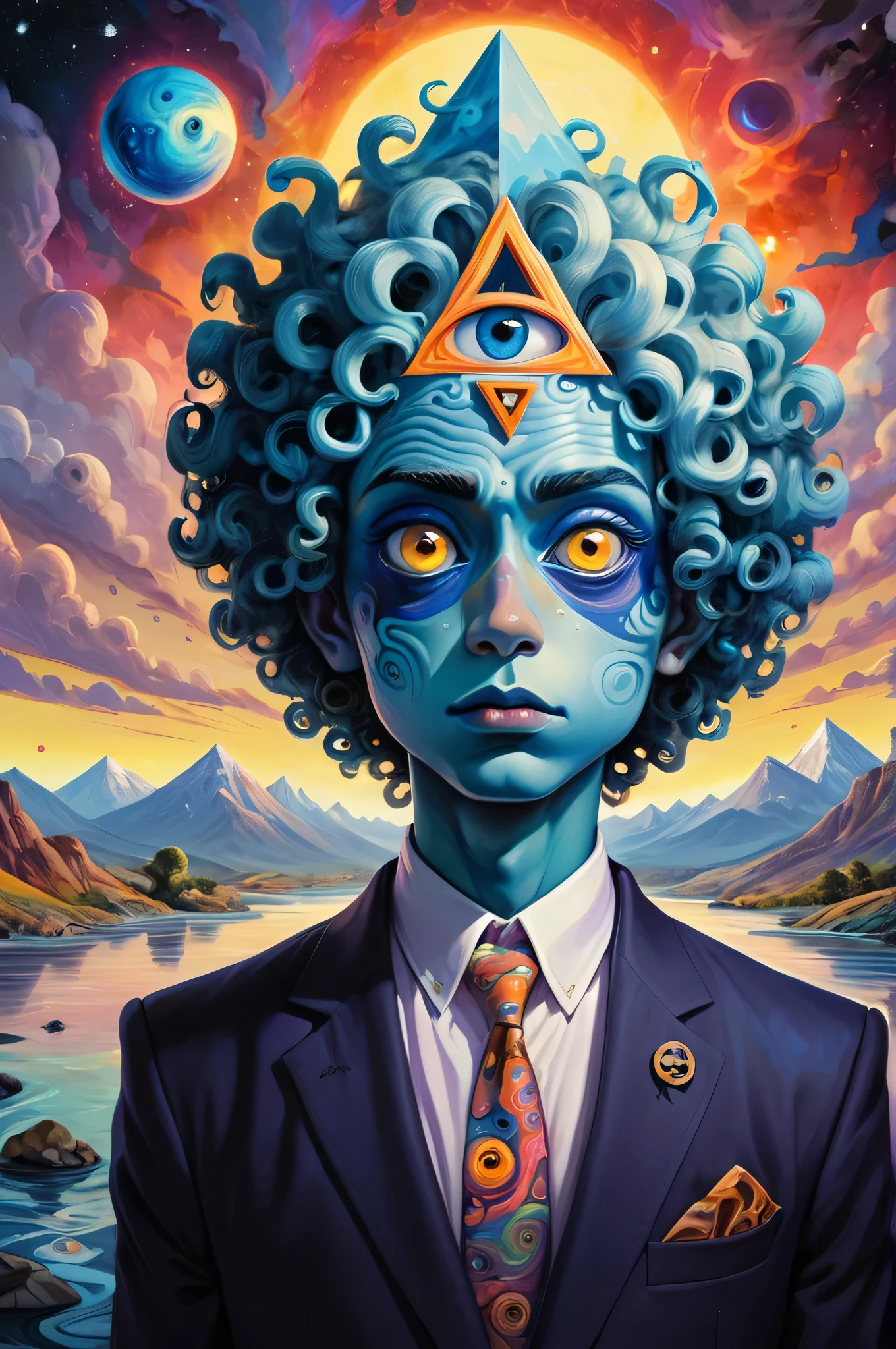 "A surreal portrait of a person with blue skin, curly hair, and three large eyes stacked vertically, with a triangular symbol on the forehead. The background features a colorful, cosmic sky, mountains, and a small figure in a suit standing by a river, gazing at a radiant sun low on the horizon. The scene is vibrant and dreamlike, with swirling patterns and a mystical atmosphere."