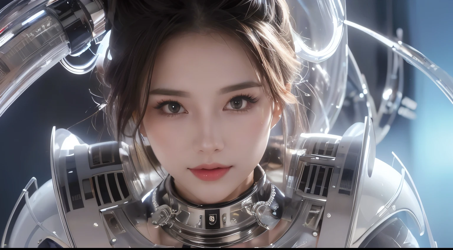 A close-up head and chest portrait of a pretty and cute woman, her chest adorned with pneumatic tubes that give her a unique and futuristic appearance. The highly detailed digital rendering captures every aspect of her beauty, from her delicate features to the intricate tubes.