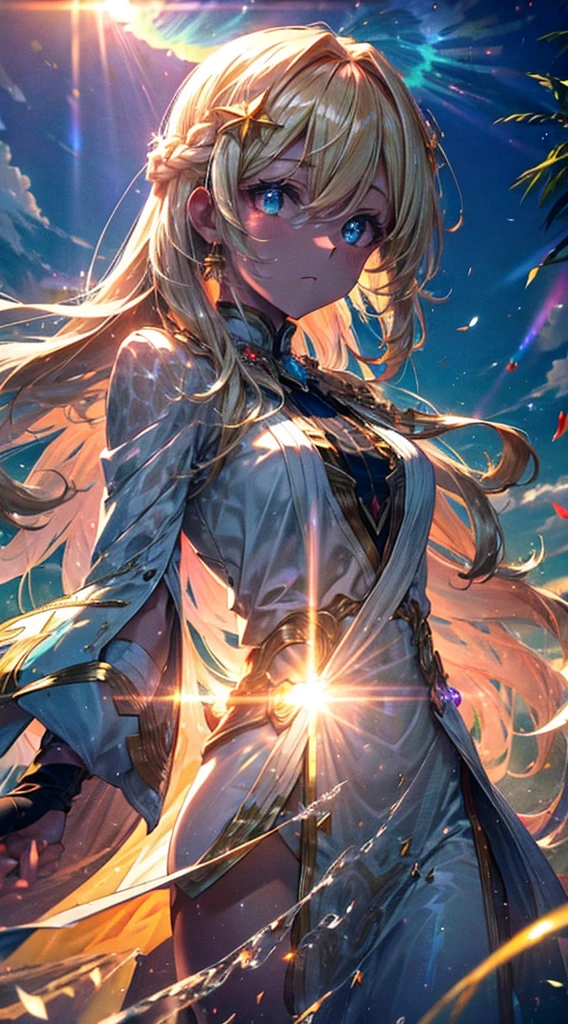 foreshortening, profundidade de campo, master part, best quality, 1Elf Girl, white hairs, olhos dourados, cabelos longos, GLIDING IN THE SKY, bolha de ar, nuvens, sozinho, Olhando para o Viewer, Vestido branco, elegante, luz solar fraca,