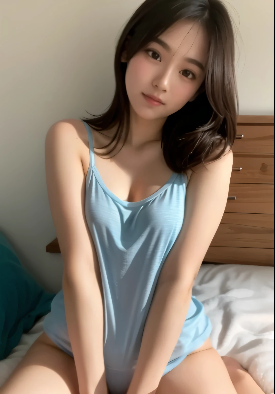 （64k，RAW photos，best qualtiy，tmasterpiece：1.45），（realisticlying，realisticlying：1.37），photo of a girl（Light shades：1.4）a color（（baggy）camisole），naturey（Large breasts：1.37），（（no brassiere，with no underpants）），deep sleep，（（Lie down in bed））（（Lie down in bed）），Lie down，messy  hair，blush of nose，[spread their legs，spread their legs]，（独奏），dynamicposes，Drunken，（（half-close eyes）），（（Unbuttoned clothes）），（（A detailed）），（（focal））， （delicate leg）， ， （NSFW：1.2），