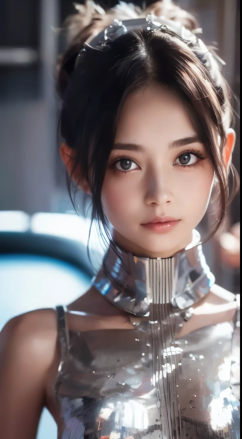 A close-up head and chest portrait of a pretty and cute woman, her chest adorned with pneumatic tubes that give her a unique and futuristic appearance. The highly detailed digital rendering captures every aspect of her beauty, from her delicate features to the intricate tubes.