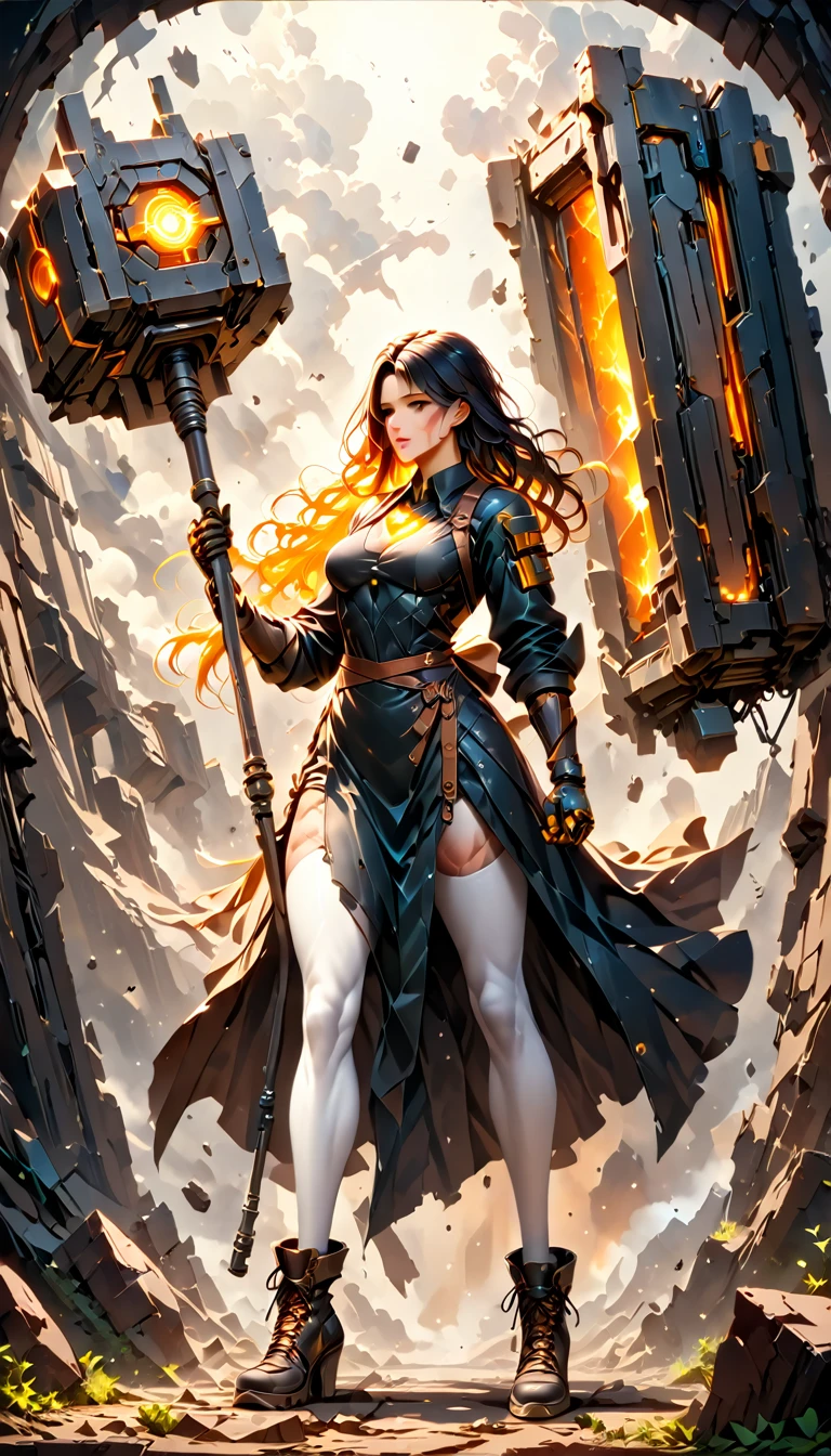 (sfw), (wide angle), 1woman, goddess of the forge, Hephaestus, ((blacksmith woman)), middle-aged woman in her 40s, toned muscle physique, ((medium length wavy with crimson roots fading to black tips)), burn scars on chest and arms, (wearing leather apron, apron with glowing symbols), (tight black button up shirt) , (wearing skin tight white leggings), (wearing flat heeled black work boots), ((swings a huge smithy hammer in one hand, over her head)), smith's hammer is glowing green, she stands at an angelic anvil, (set inside a massive robotic factory:1.37), ((high resolution)), intricately detailed facial features, detailed piercing eyes, refined jawline, masterpiece, 8k, ((hyper realistic)), 3/4 profile view, cinematic lighting, dramatic shadows, warm color tones, intricate details, hyper-detailed, battle hammer, hyperkraximalism, spl1th41r, two tone hair,