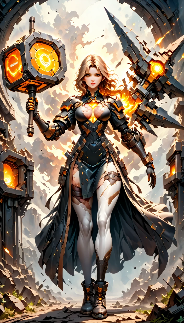 (sfw), (wide angle), 1woman, goddess of the forge, Hephaestus, ((blacksmith woman)), middle-aged woman in her 40s, toned muscle physique, ((medium length wavy with crimson roots fading to black tips)), burn scars on chest and arms, (wearing leather apron, apron with glowing symbols), (tight black button up shirt) , (wearing skin tight white leggings), (wearing flat heeled black work boots), ((swings a huge smithy hammer in one hand, over her head)), smith's hammer is glowing green, she stands at an angelic anvil, (set inside a massive robotic factory:1.37), ((high resolution)), intricately detailed facial features, detailed piercing eyes, refined jawline, masterpiece, 8k, ((hyper realistic)), 3/4 profile view, cinematic lighting, dramatic shadows, warm color tones, intricate details, hyper-detailed, battle hammer, hyperkraximalism, spl1th41r, two tone hair,