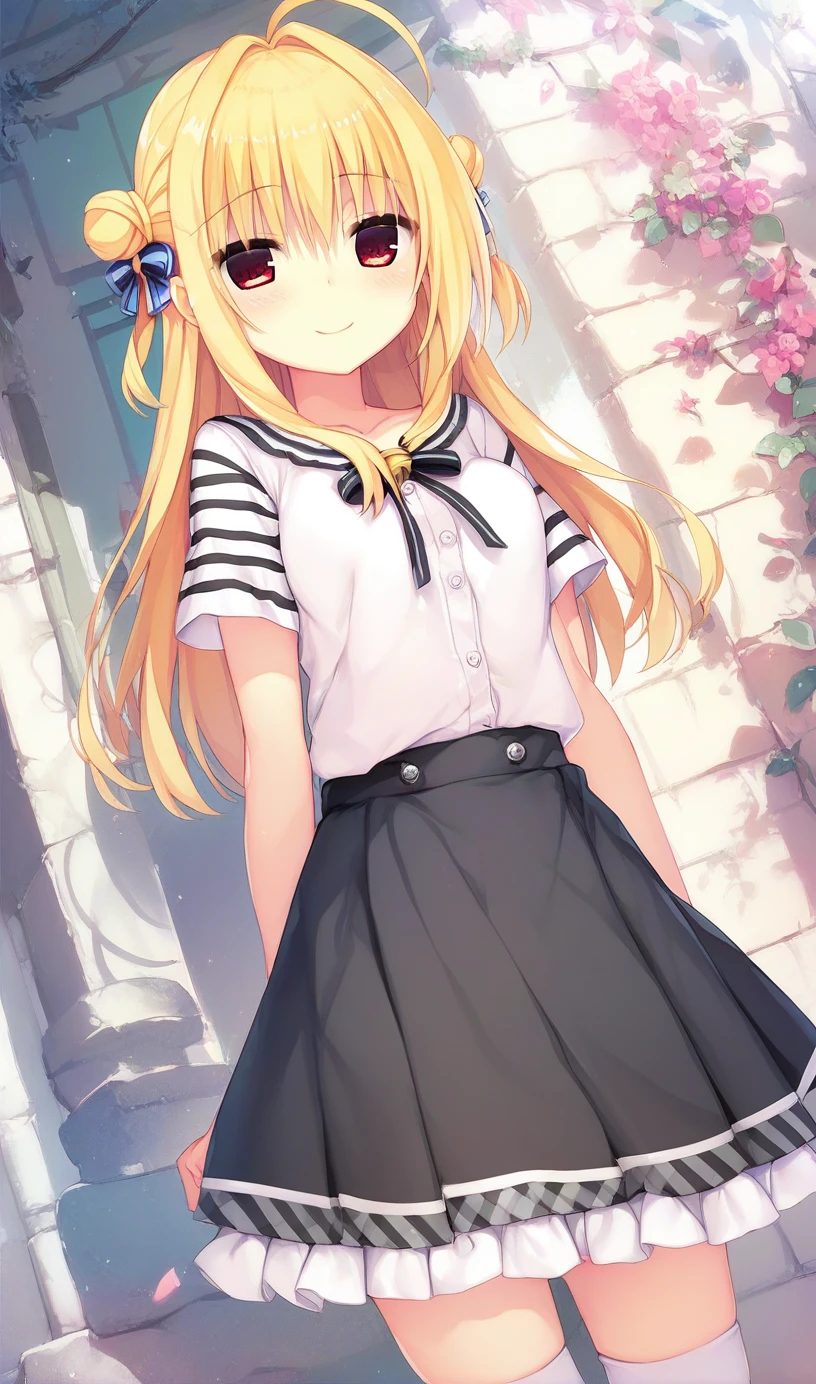 1girl,hiyori-default,red eyes,blonde hair, double bun,ahoge, long hair, (Black and white striped T-shirt:1.3),bell sleeves, black skirt, buttoned skirt, high socks, sensitive,questionable,explicit, smiling, standing,outside, 