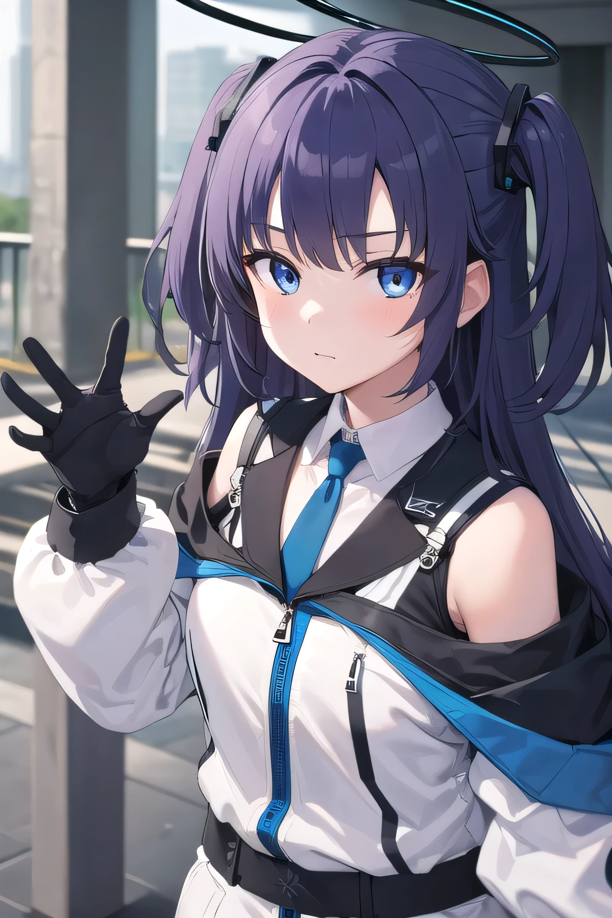 1girl, bluearchiveYuka, Yuka, blue eyes, halo, Purple Hair, two side up, Long Hair, break belt, Black gloves, black jacket, black skirt, blue tie, gloves, halo, jacket, tie, Off the shoulder, skirt, Double-sided fabric, two-sided jacket, White Belt, (white jacket:1.5), break looking at viewer, break outdoors, break (masterpiece:1.2), Best Quality, High resolution, Unity 8K Wallpaper, (figure:0.8), (Beautiful detailed eyes:1.6), Highly detailed face, Perfect lighting, Extremely detailed CG, (Perfect hands, Perfect Anatomy)