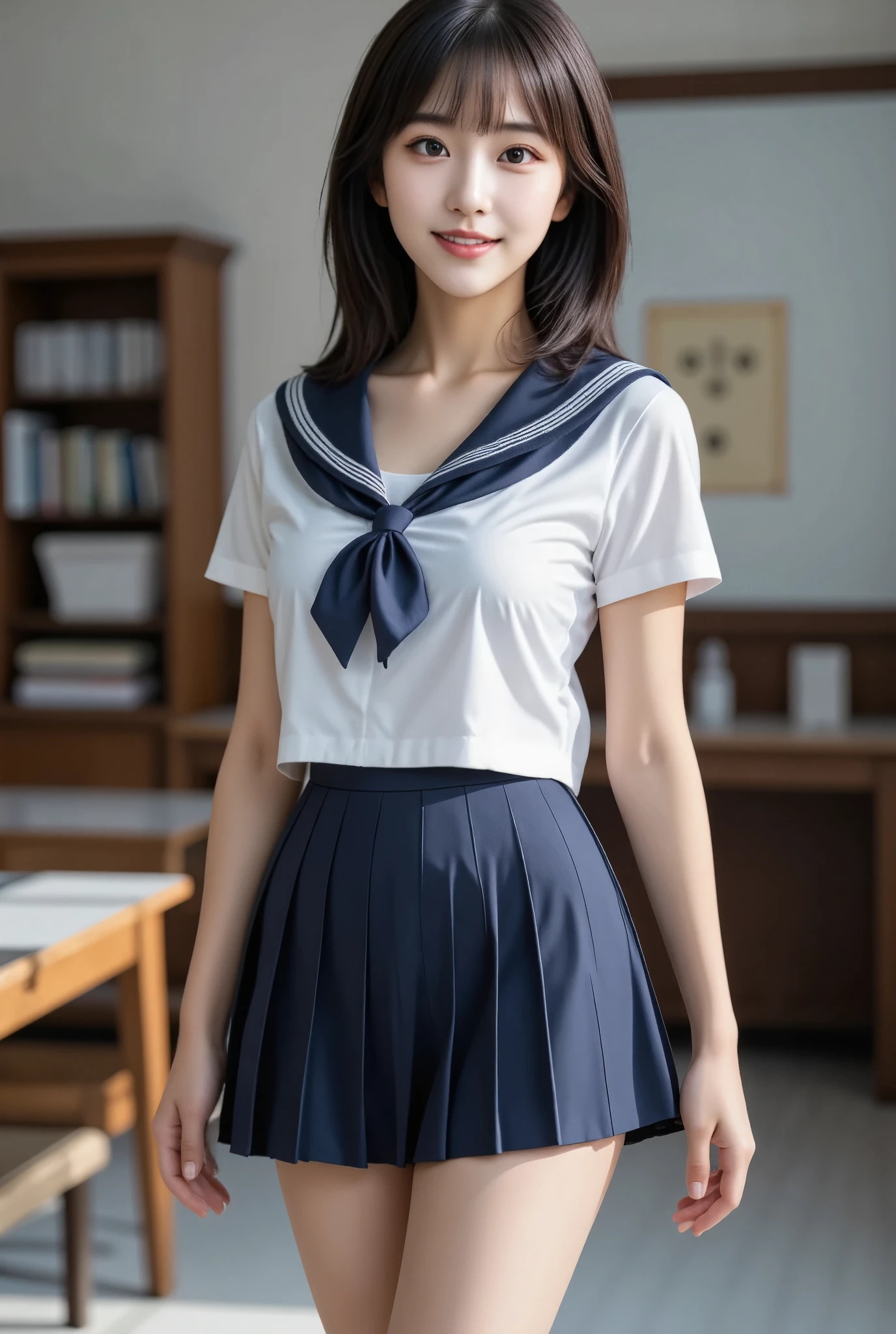 (masterpiece, best quality:1.2), 1girl, Alone, cute, Cute Japanese Girl、Beautiful Japanese schoolgirl、(Super cute idol-like face:1.2), (Sailor school uniform, Navy blue pleated skirt:1.2), Highly detailed faceと肌の質感、Sophistication、Highly detailed face、beautiful girl、Black Hair, Slightly longer bob hair、With bangs、smile, 最高級のbeautiful girl、Shining Eyes、Beautiful and sexy slim figure, (The background is a school classroom), 