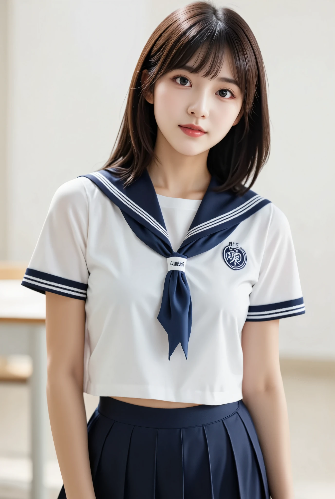 (masterpiece, best quality:1.2), 1girl, Alone, cute, Cute Japanese Girl、Beautiful Japanese Girl、18 years old、(Super cute idol-like face:1.2), (Sailor school uniform, Navy blue pleated skirt:1.2), Highly detailed faceと肌の質感、Sophistication、Highly detailed face、beautiful girl、Black Hair, Slightly longer bob hair、With bangs、最高級のbeautiful girl、Shining Eyes、Beautiful and sexy slim figure, The background is a school classroom, 