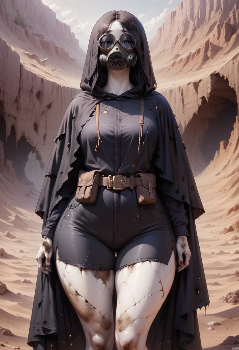 A woman, smooth skin, white skin, big eyes, small torso, huge ass, Wide hips, fleshy legs, thick thighs , (The best quality), masterpiece, horror, ghost, tall, lost look, depressed, (She is wearing an old leather cloak that covers her entire body along with a gas mask that covers her face.), She carries a backpack on her back, (ultra high Bloom), (high-contrast), (High quality Shaders), (shadows), (Ultra shadow quality), (hyperrealism), (She is lost in a desert of ashes), expressionless face, Dirt stains on the body,