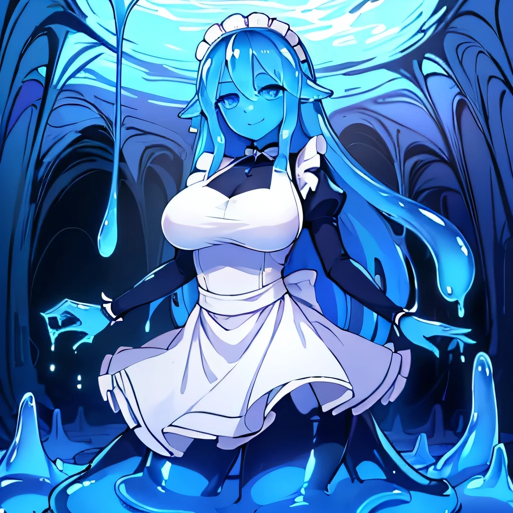  ((masterpiece,best quality,ultra-delicate,Perfect Face,16k,high resolution,very beautiful girl)),blue slime girl,high viscosity blue slime body,black and white maid dress:1.5,large breasts,,smile,blue slimy caves,melting body,tranceparent,long hair,cowboy shot