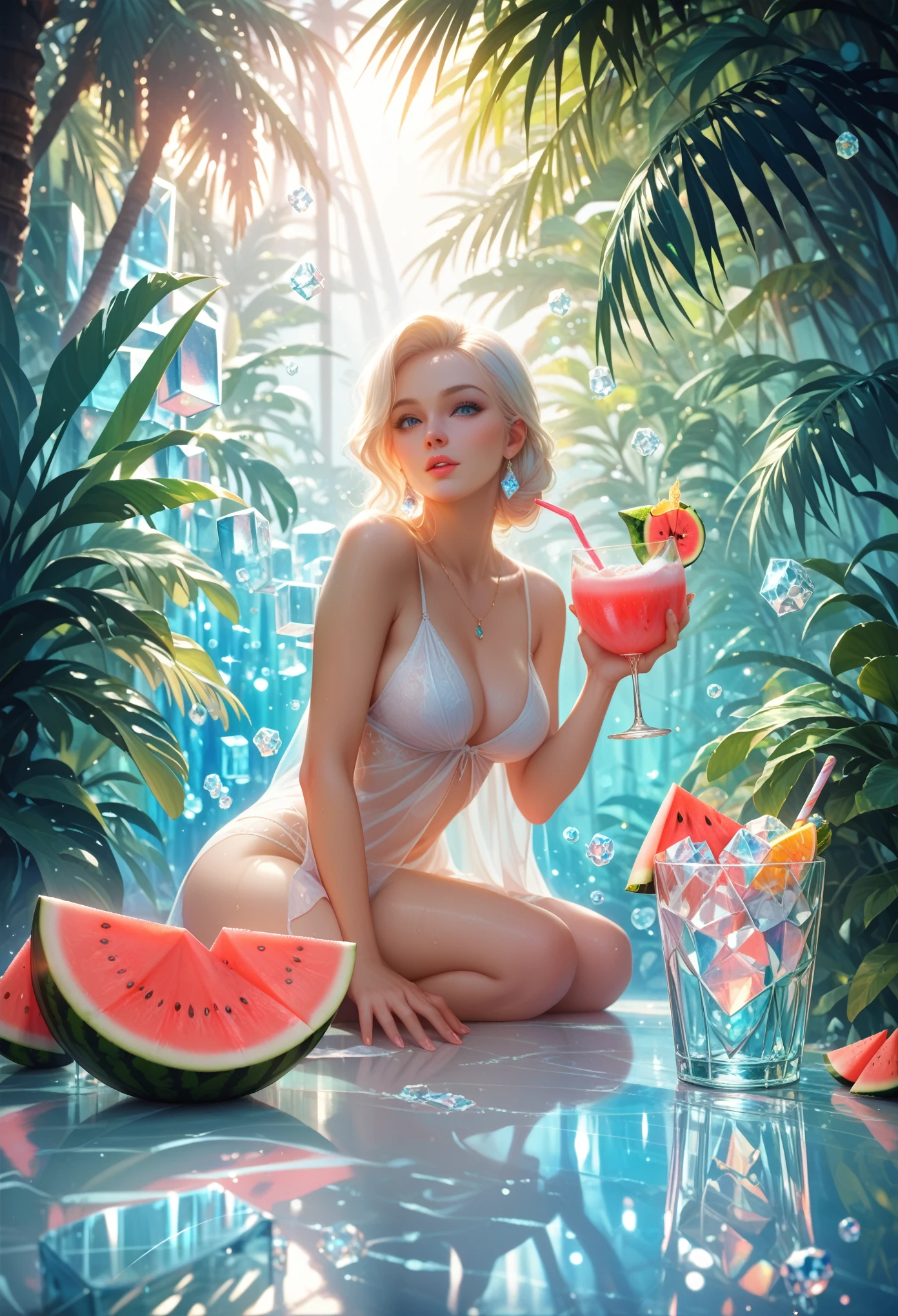 wallpaper, poster, drinks, ice cubes, watermelon, tropical plants, hot weather, HD detail, ultra-detail, movie, Hyperrealism, Soft light, deep focus bokeh, ray tracing, (Ultra-thin glass reflection) and surrealism, Very detailed, bright color palette, Game of Shadows, masterpiece, 8 k, tropical paradise,