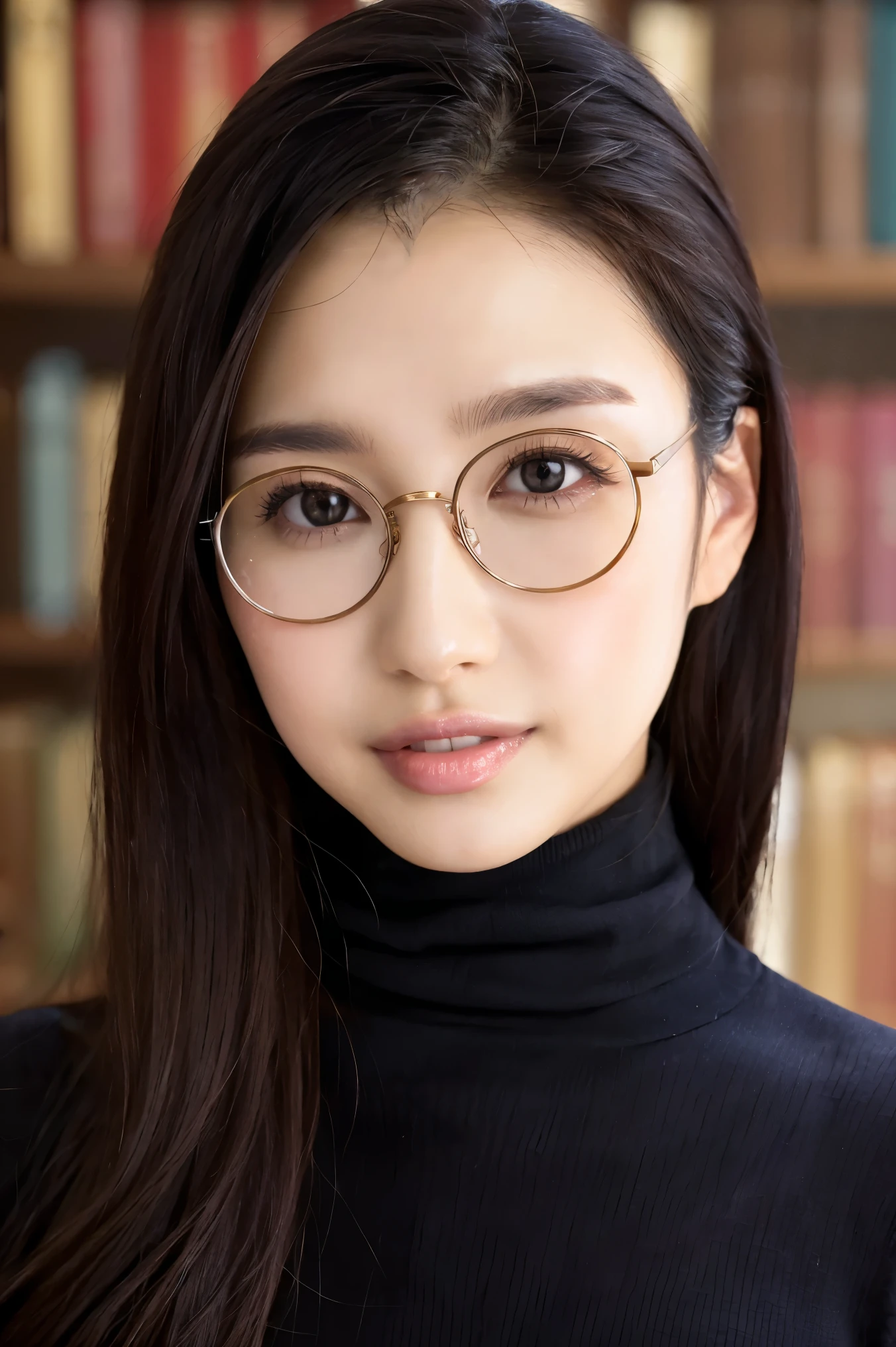 (Best Quality、Tabletop、8k、Award-winning works、Ultra-high resolution、Highest quality)、One beautiful woman、(The perfect black knit turtleneck sweater:1.3)、(Elegant round glasses:1.2)、library、(Standing gracefully:1.1)、(Strongly blurred background:1.1)、Stand next to a bookshelf、(Perfectly organized bookshelf:1.1)、Background bookshelf、A cozy library、lipstick、Long eyelashes、Perfect Makeup、、Soft and warm lighting、Detailed bookshelf、(Ultra-high resolutionの正確な美しい髪:1.1)、(Accurate anatomy:1.2)、Ultra-high definition beautiful eyes、(Super bright and radiant skin:1.1)、(Face close-up:1.1)、(Expressionless:1.2)、Exposing the forehead、(nose:1.2)