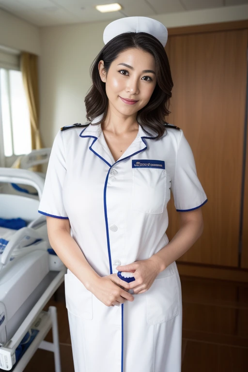 Aunt in Osaka、Organic Photography、best quality、masterpiece、Ultra-high resolution、Beautiful old lady、50 years old、full-body shot,Elegant face、Toothy Smile、Large Breasts,Wearing nurse uniform,skirt、Hair Bunch、High Ponytail,Hot Pants,In a hospital ward,In the ward,Background blur